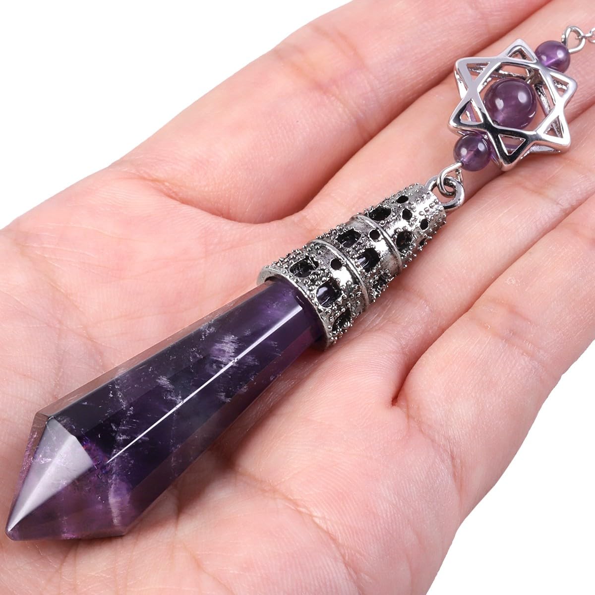 mookaitedecor Natural Amethyst Crystal Divination Dowsing Pendulum Faceted Purple Crystal Point Pendulum with Merkaba Star Dream Catcher Reiki Healing Crystal Witchcraft Wiccan Supplies Decor Gift - Image 2