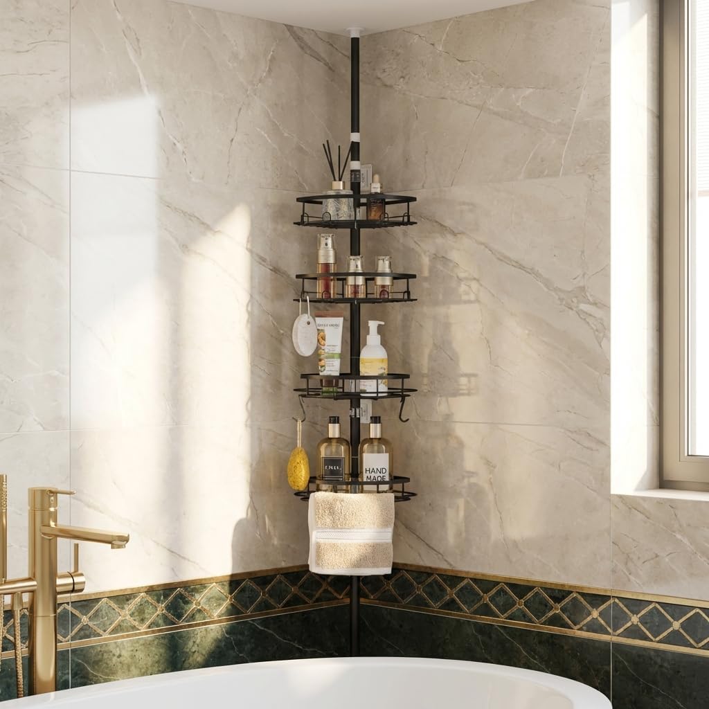 Corner Shower Caddy Tension Pole, Shower Tension Rod Organizer, 4-Tier Adjustable Floor to Ceiling Shower Caddy 33-127inch, No Drilling Shower Shelf for Inside (Black)