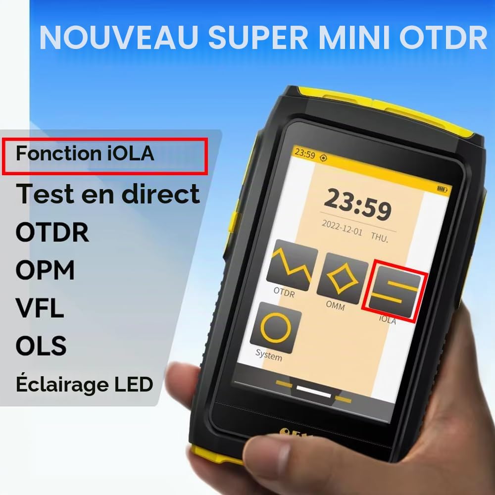 Mini OTDR Reflectometre fibre optique,Réflectomètre optique de domaine du temps, testeur multifonctionnel de fibre optique OTDR 1550nm 20dB réflectomètre optique écran tactile OPM VFL（Avec iola）