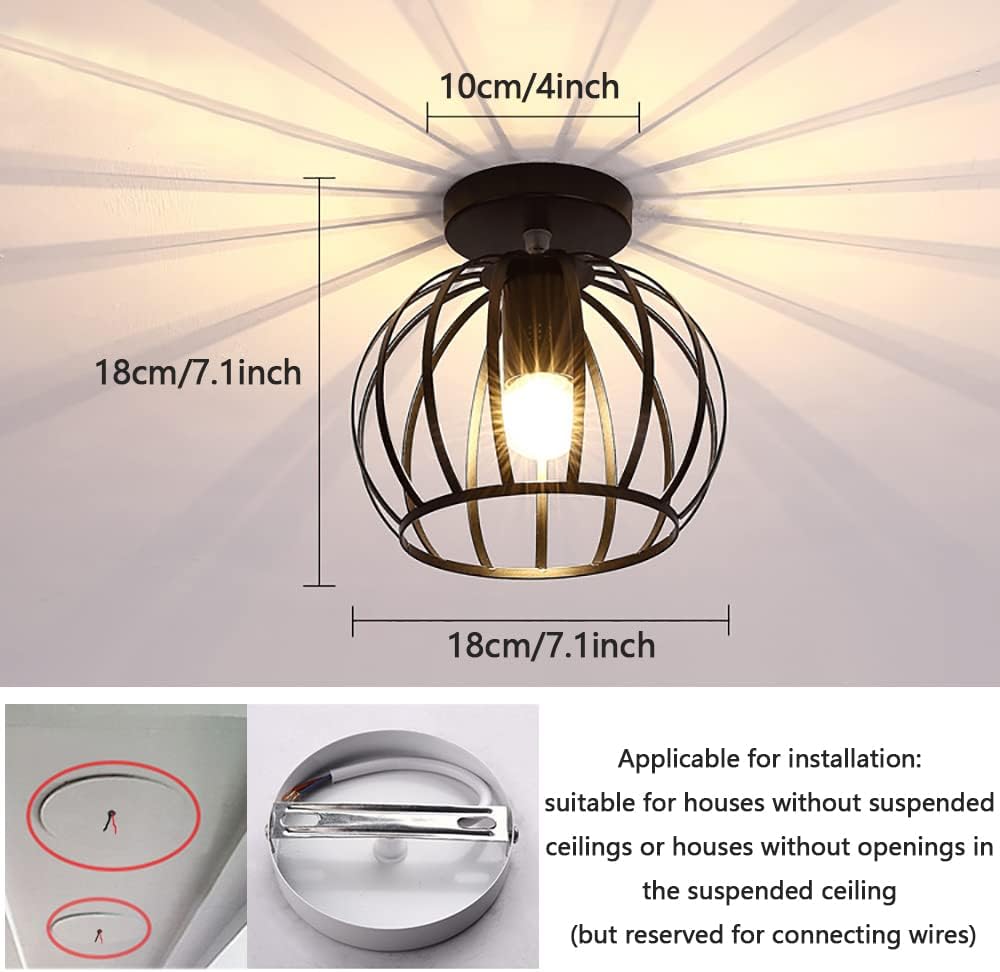 2 Pack Semi Flush Mount Ceiling Light Fixture, Black Metal Cage Pendant Ceiling Light Fixture, Hallway Light Fixtures for Hallway Porch Entryway Foyer Farmhouse