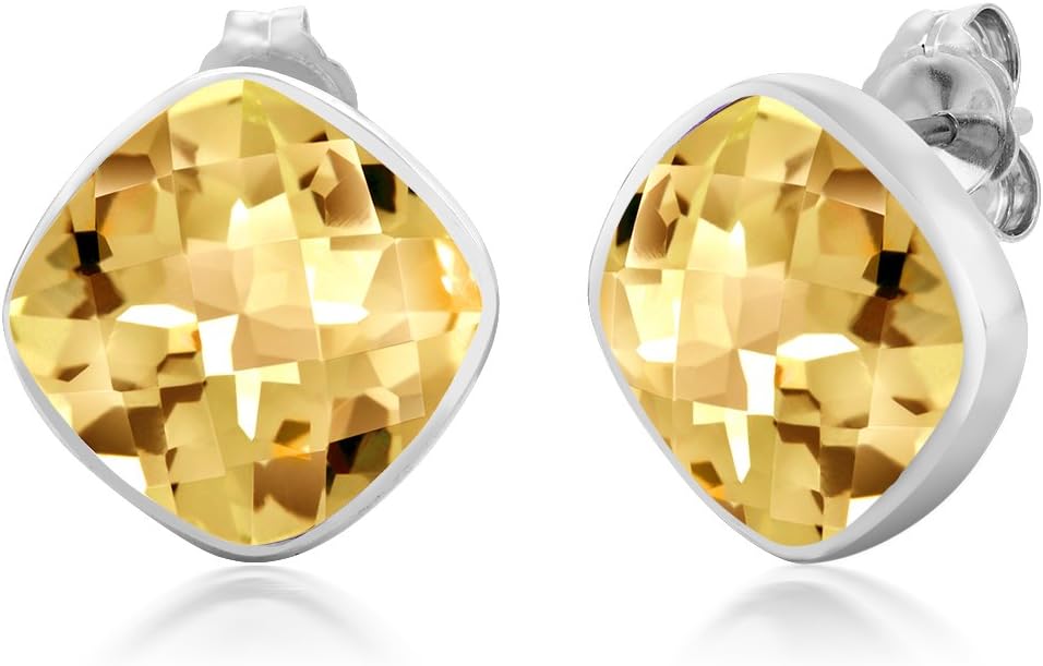 Gem Stone King 12.00 Cttw Citrine Stud Earrings For Women Men In 925 Sterling Silver | Gemstone Birthstone | Cushion Cut 12MM