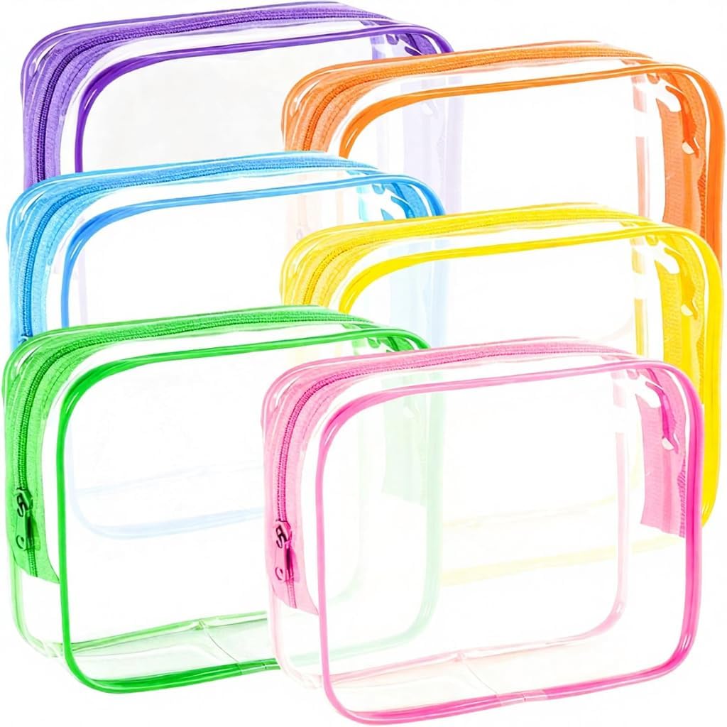 6 Pack Clear Makeup Bags, TSA Approved Toiletry Bags, Waterproof PVC Cosmetic Pouches with Zipper, Transparent Travel Organizer for Women Carry-On Essentials