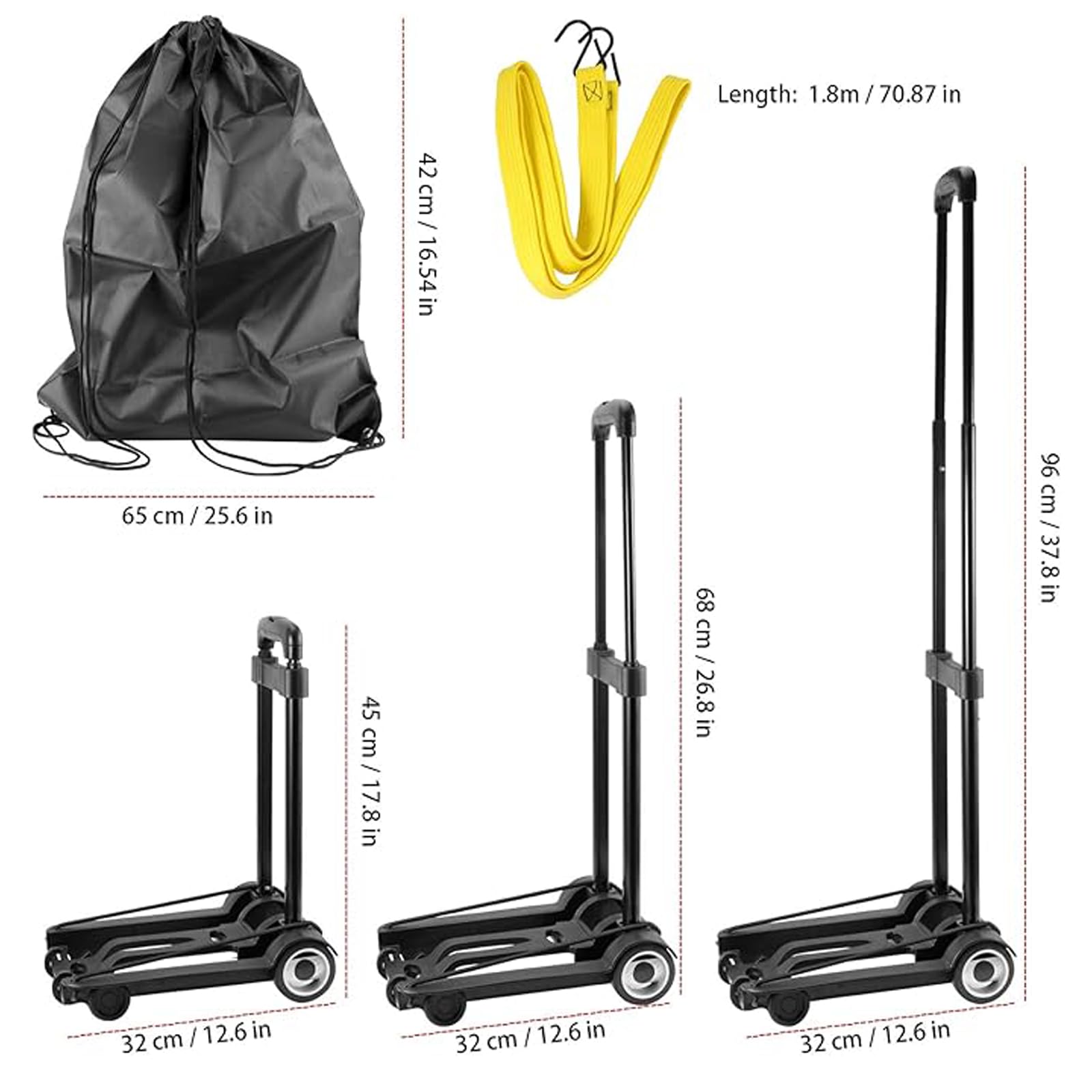 HOZEON Carrello a mano pieghevole, 25 kg, resistente, costruzione solida, carrello per bagagli, leggero, compatto, portatile, pieghevole per bagagli, viaggi, shopping, traslochi, ufficio, nero