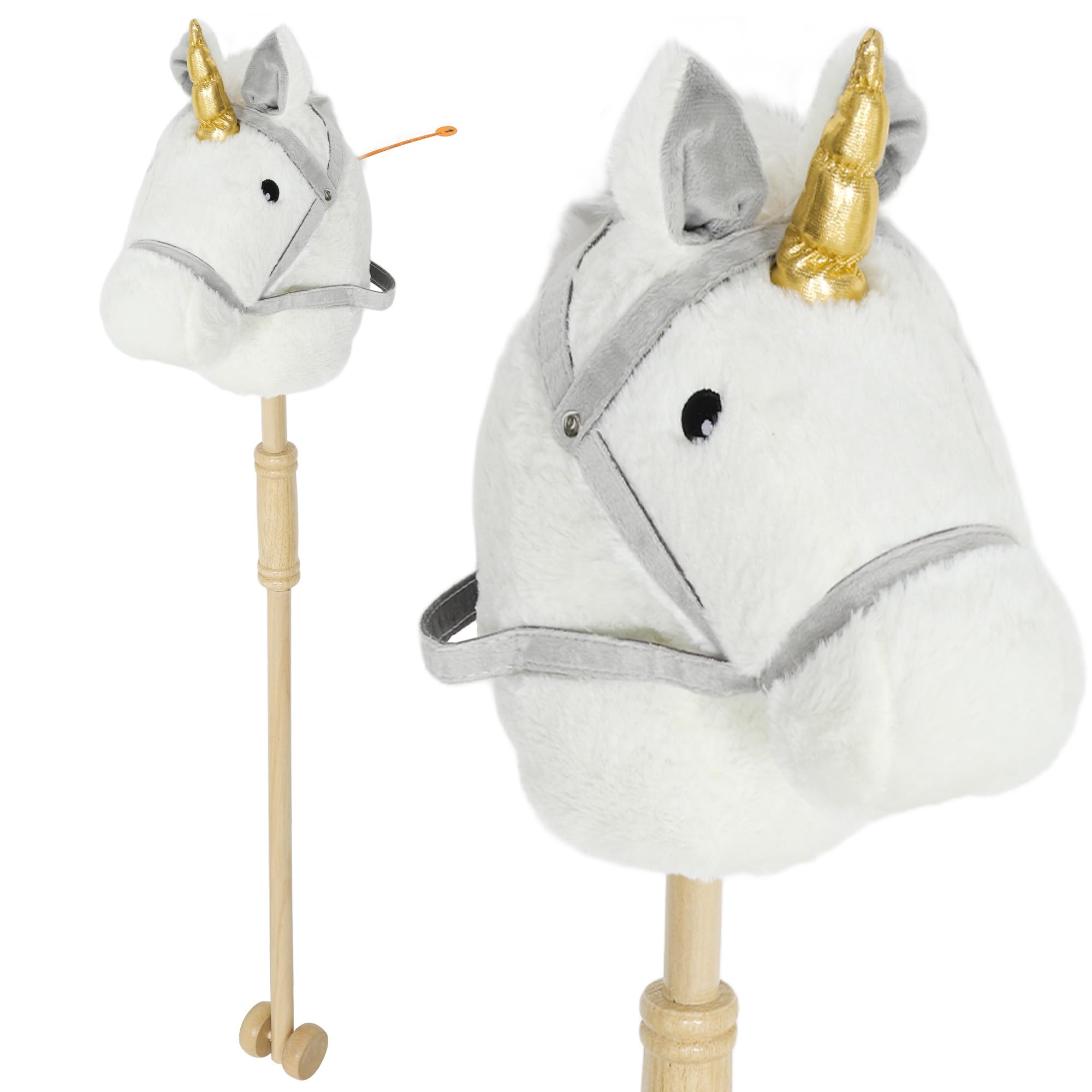 AIYAPLAY Cabeza de Caballo con Palo de Madera, Diseño Unicornio, Sonidos y Ruedas, Caballo de Juguete, 95 cm de Altura, Blanco