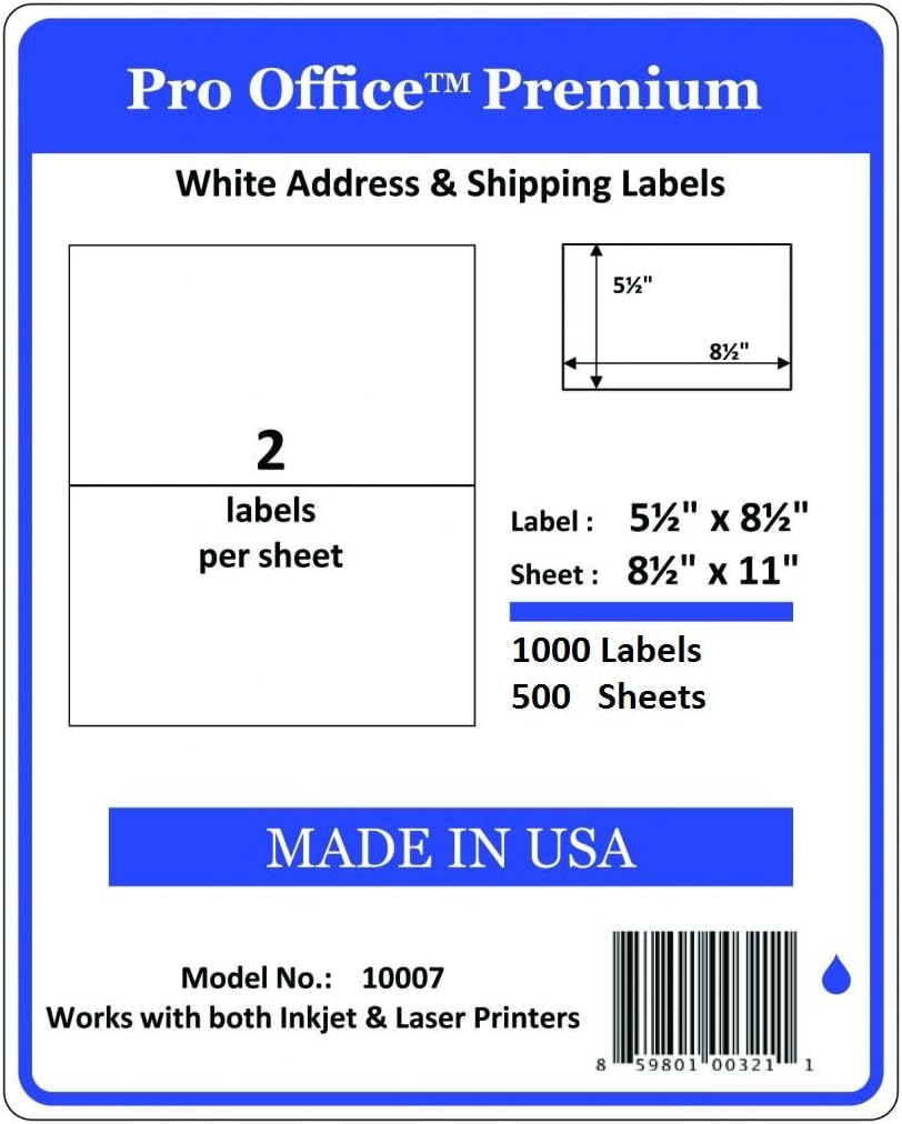 Pro Office Shipping Labels for Printers - Premium 1000 Half Sheet Self Adhesive - Ink Jet and Laser Printers, White, Made in USA, 5.5 x 8.5 Inches, Pack of 500, Same Size As 8126 and More