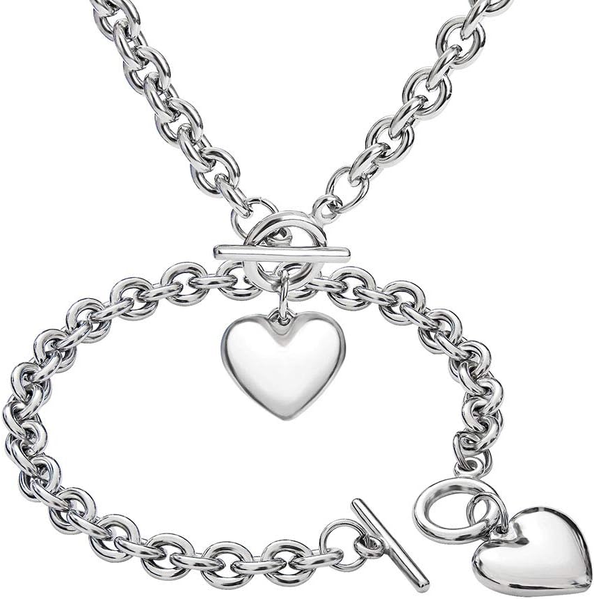Silver 18k Gold Rose Gold Plated Charm Chunky Stainless Steel Chain Heart Toggle Choker Bracelet Necklace Set for Womens Fashion Valentine Jewelry Set