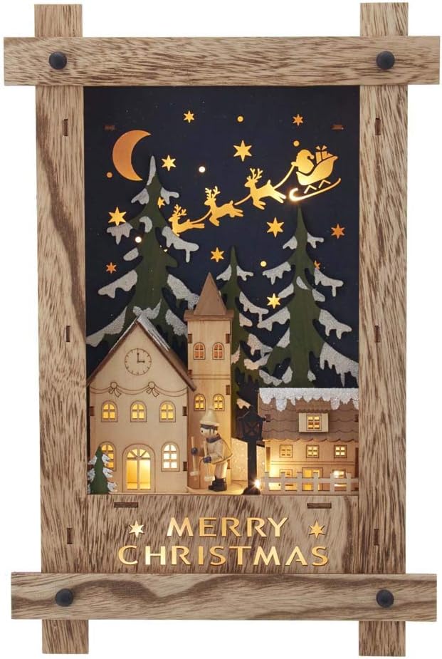 By Kurt Adler Battery-Operated LED Framed Merry Christmas Village Scene 16"