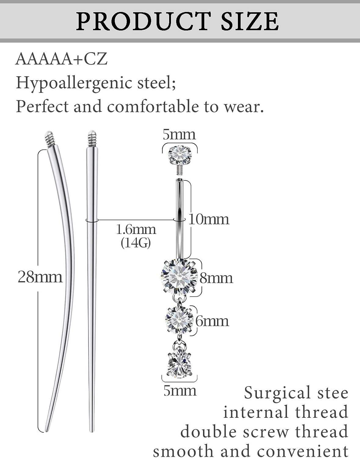 Internally Threaded Belly Button Rings Surgical Stee, Extra-Long & Short Simple Belly Rings, 14G Belly Piercing Jewelry,Navel Piercing Jewelry for Women Men 10mm 12mm 14mm 16mm - Image 3
