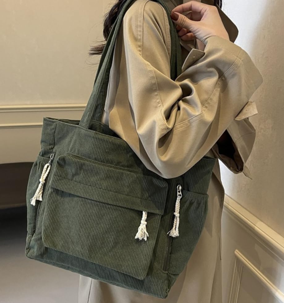 Bolso tote premium de pana para mujer, bolso cruzado grande con cierre de cremallera, elegante bolso de hombro y de mano para trabajo, viaje y outfits casuales, 15,7 x 11,8 x 5,1 pulgadas, verde miniatura 3