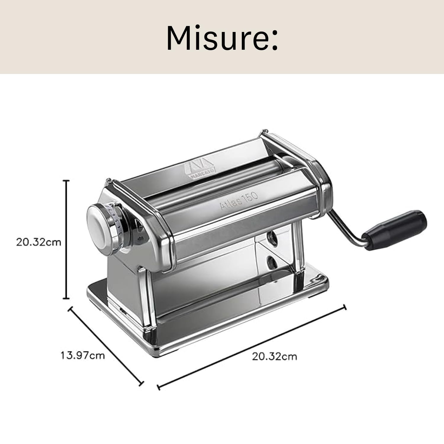 Marcato Macchina per la Pasta, Atlas 150, Pasta Maker, Tirapasta, Sfoglia, 10 diversi Spessori, Acciaio Cromato, Compatibile con 12 Accessori per Formati Extra, AT-150-ROL