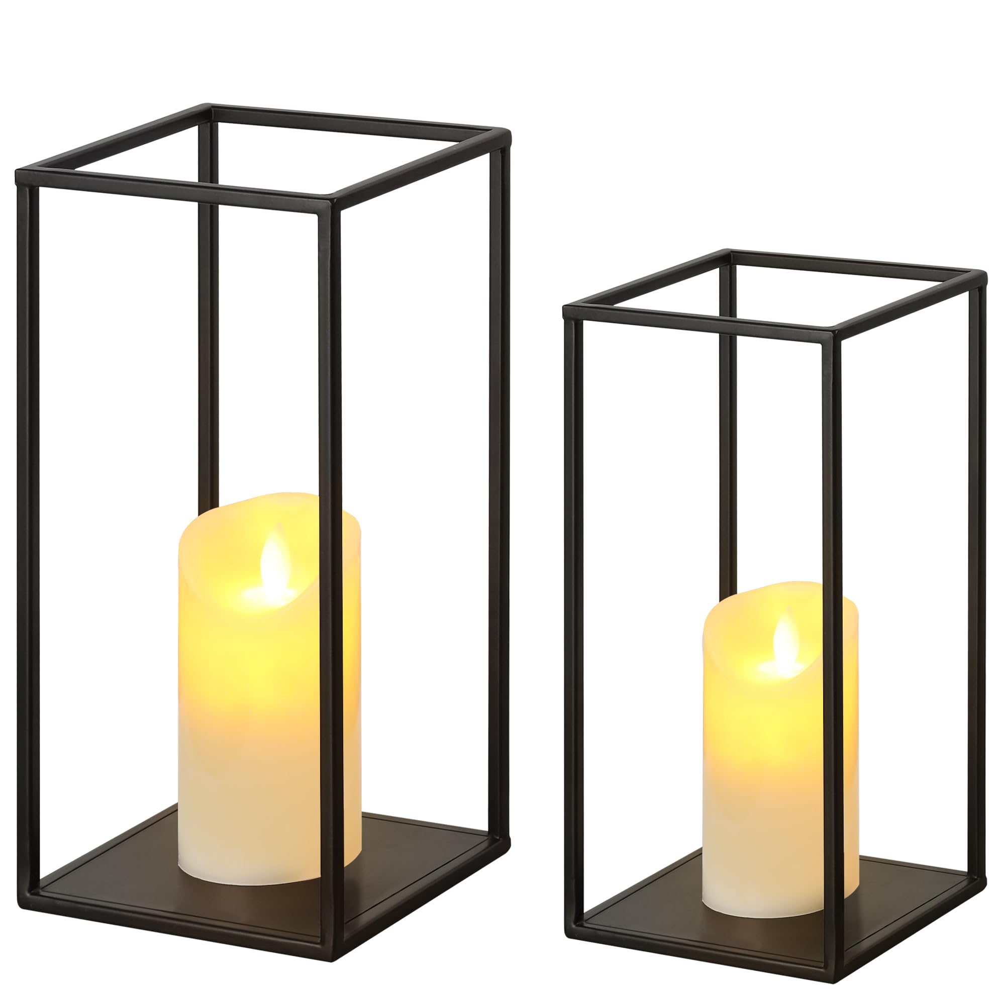 Eufrozy Modern Farmhouse Lantern Decor, Black Metal Candle Lanterns Decorative Indoor Set of 2, Rustic Candle Holder Decoration for Living Room/Home/Outdoor/Table/Fireplace Mantel/Wedding/Porch