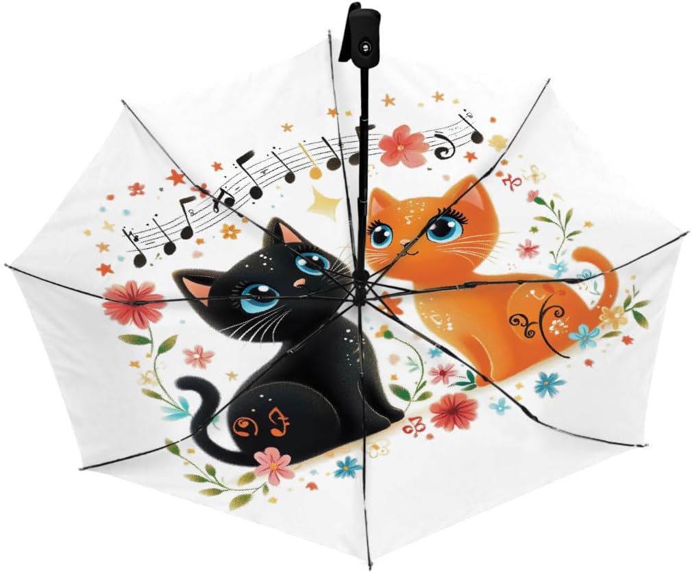 Vintage Music Note Cute Cat Folding Umbrella Windproof Compact Lightweight Travel Umbrella with 8 Reinforced Ribs, Portable UV Sun & Rain Protection for Men & Women