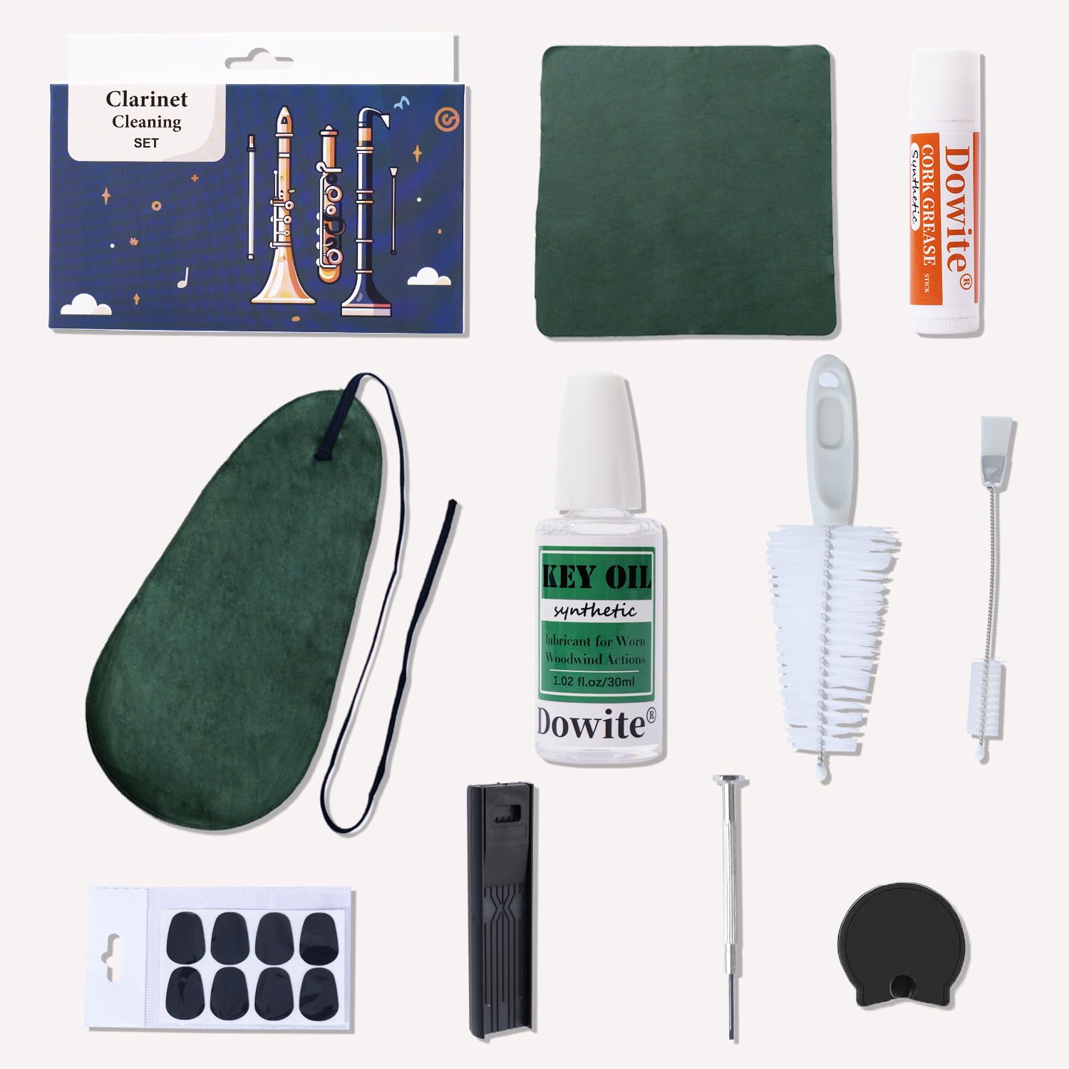 Kit de limpieza para clarinete: cepillo para boquilla, cepillo para polvo, paño de limpieza de microfibra, hisopos, reposamuñecas, grasa de corcho, aceite de llaves, almohadilla de boquilla,