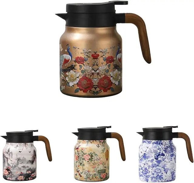 Théière isotherme vintage à motif floral avec infuseur - 1000ml en acier inoxydable