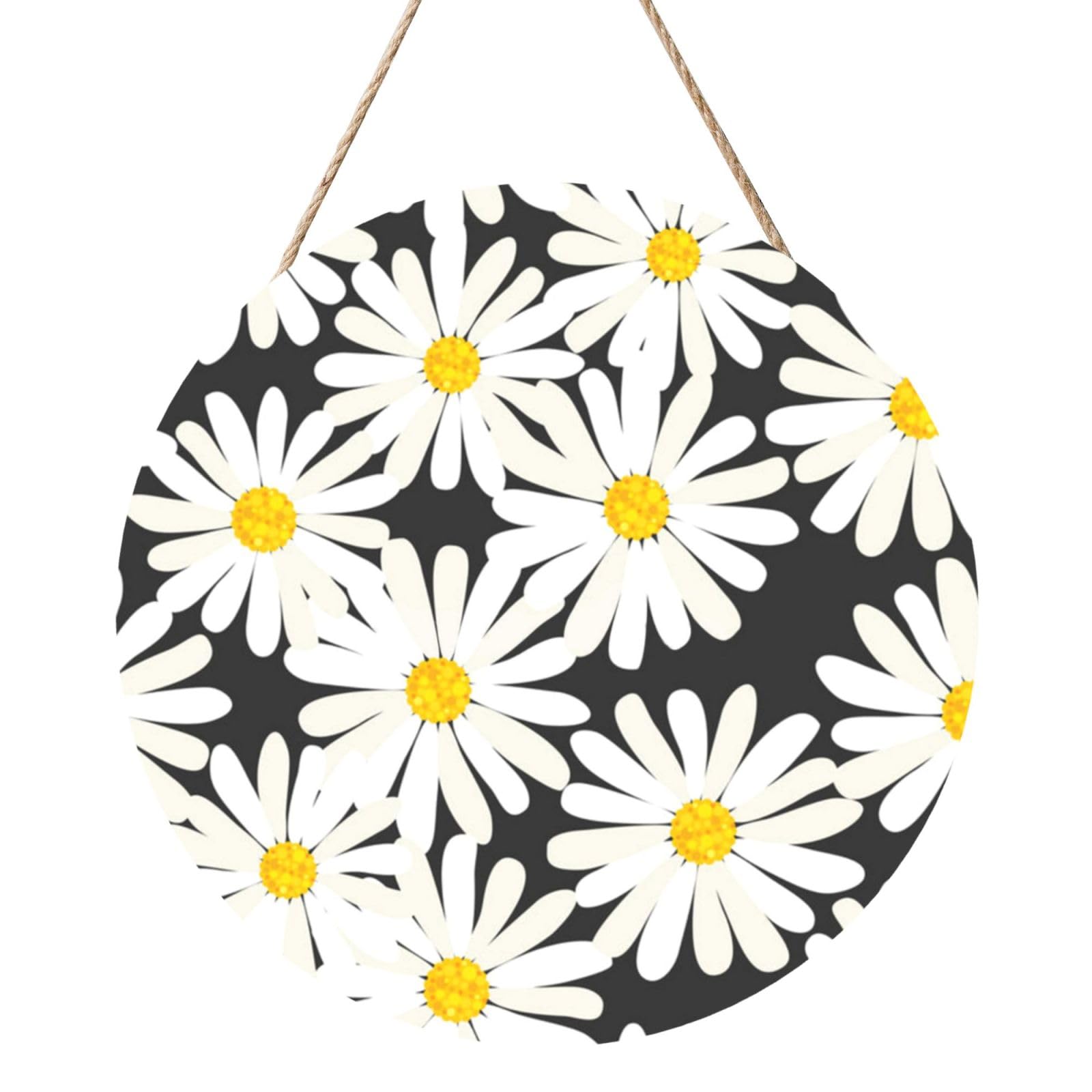 InOmak Black White Daisy, Round Wood Panel Painting 12 in, Wall Hanging Painting For Home
