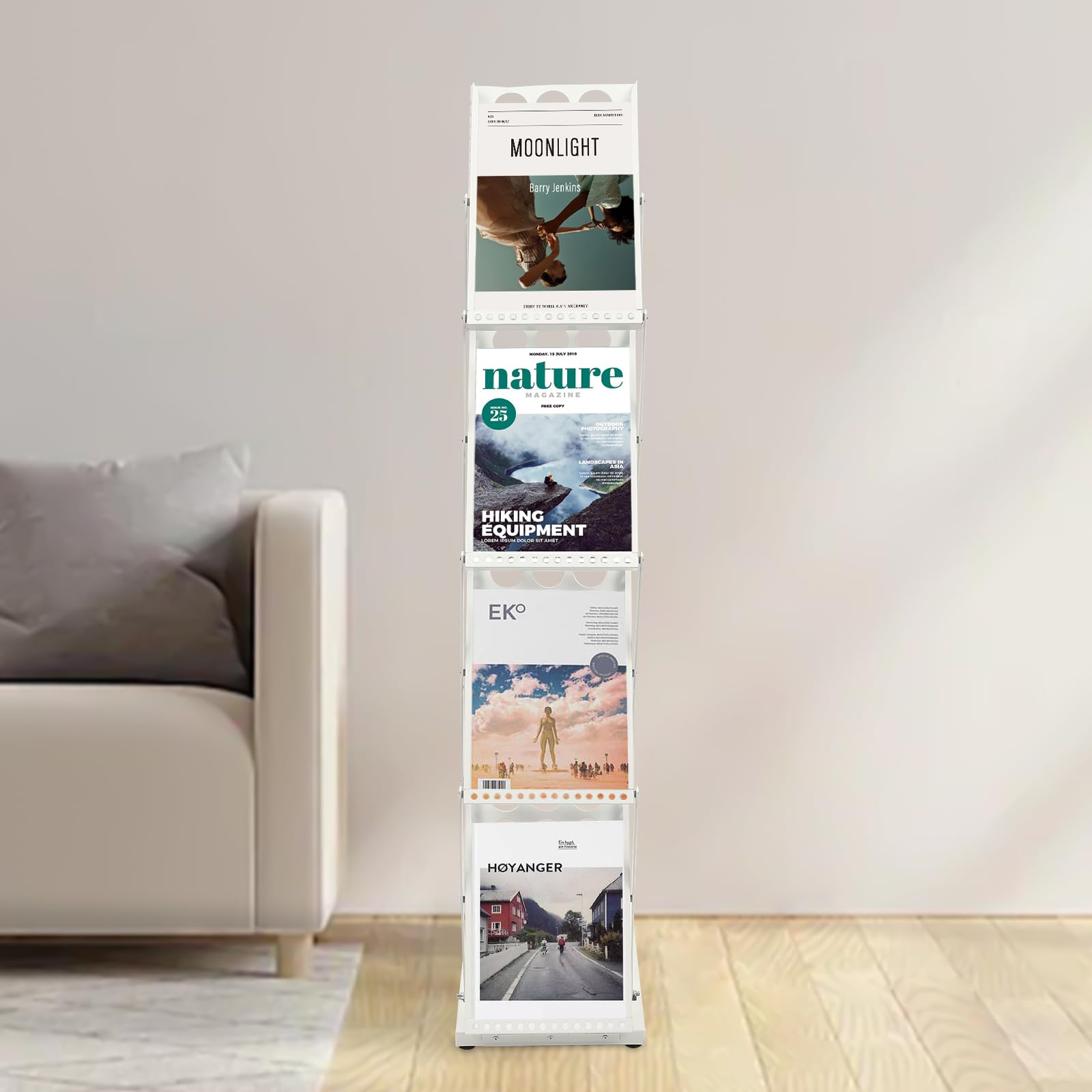 Présentoir à Brochures Pliable 4 étages Blanc - Support A4 Portable Pour Bureau, Bibliothèque, Salon, Max 5 Kg Par étage