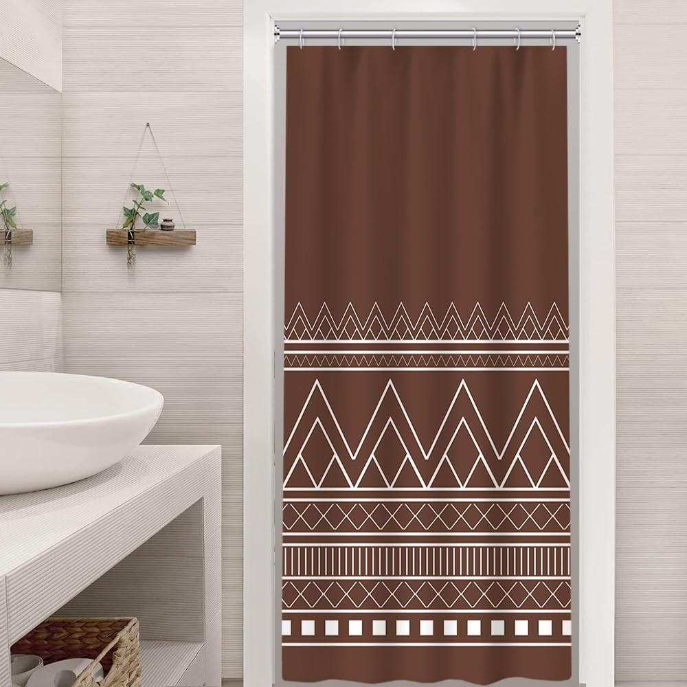 Ruelvth Stall Shower Curtain, Boho Minimalist Brown and White Geometric Striped Shower Curtain Waterproof Farmhouse Narrow RV Shower Curtain with Hooks, 36x72 Inch