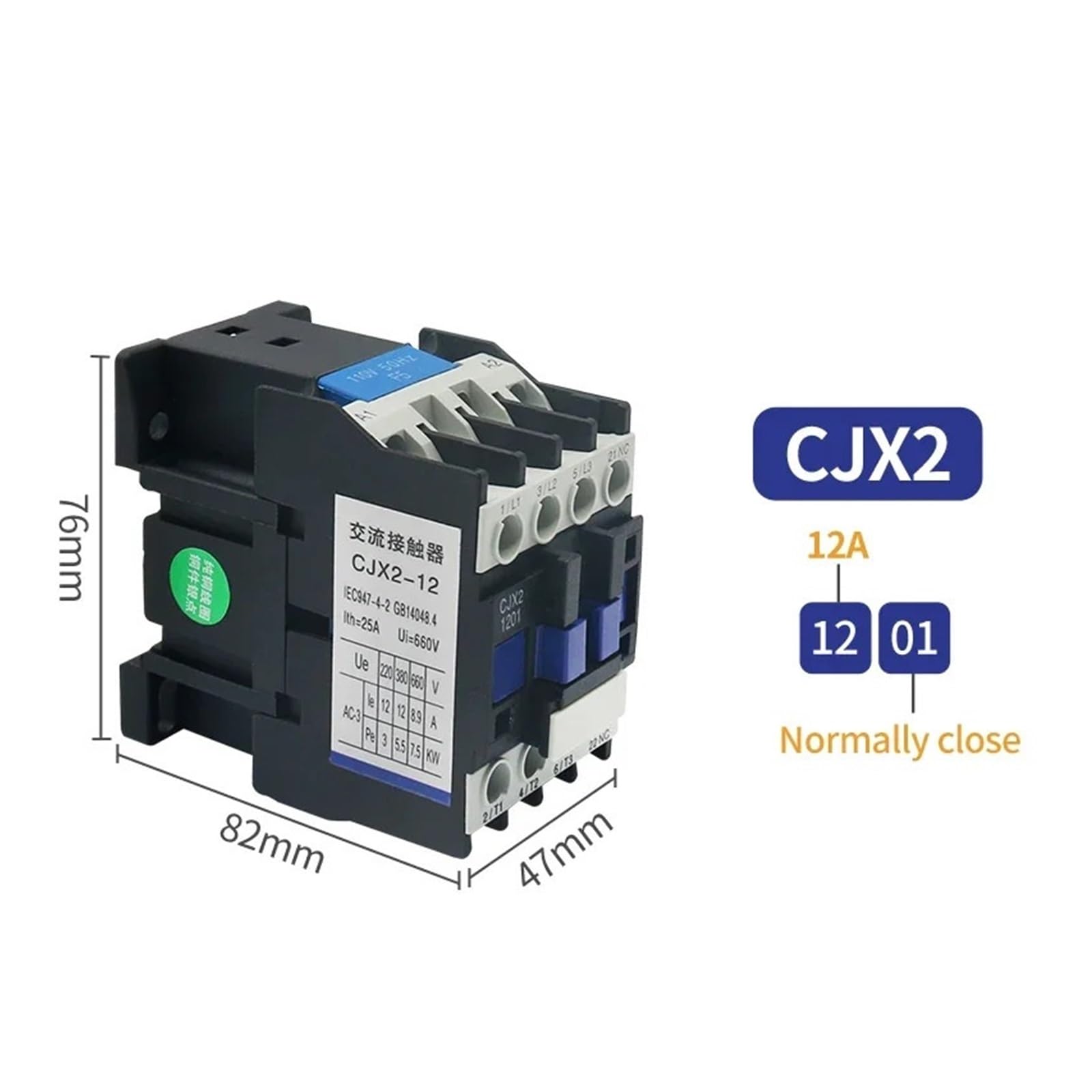 Contactor de CA CJX2-1201, 12 A, eléctrico, 3 Polos, for Unidad trifásica, 3P+NO, magnético, 380 V, 220, 110, 36, 24, contactores Normalmente Cerrados(Cjx2-1201,24V)