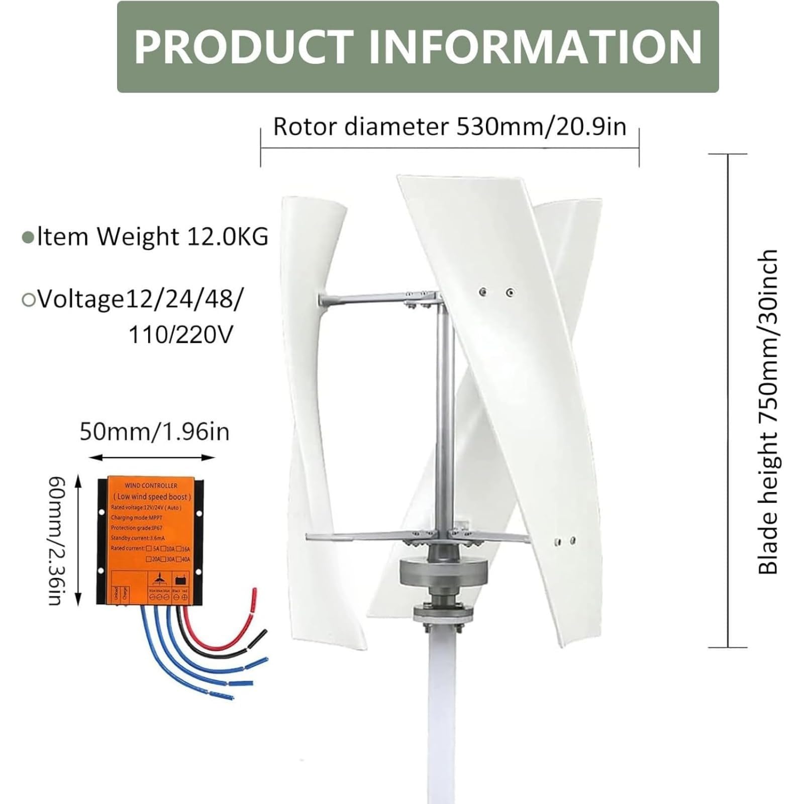 5000W Garten Vertikale Windturbinen Generator Kit, 12V/24V/48V/220V kleine dreiphasige AC Vertikale Windturbine mit MPPT Controller für Home Energy Supplementation