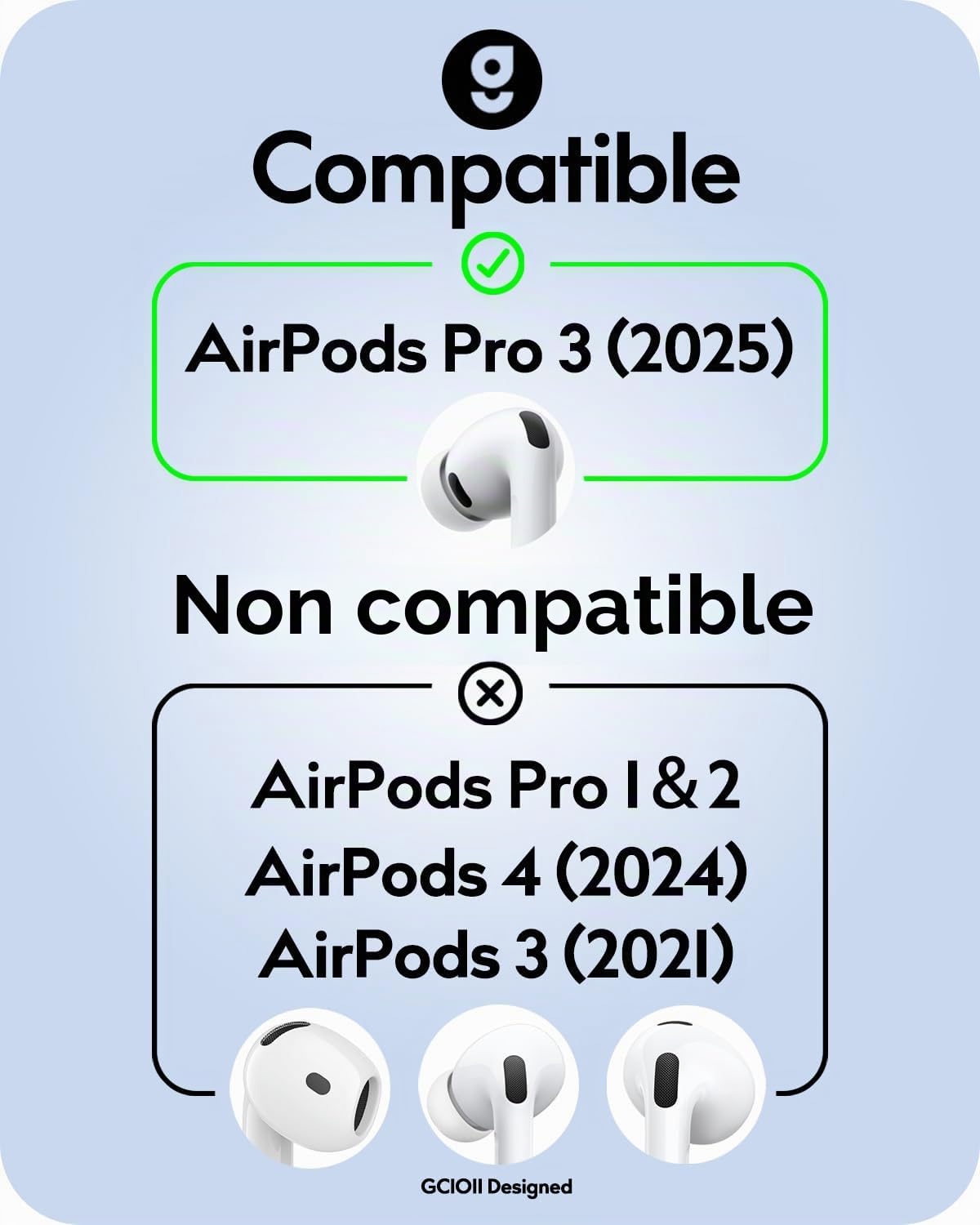 Gcioii Lot de 3 paires de coussinets d'oreille antidérapants pour AirPods Pro 3 et sac de rangement supplémentaire - Compatible avec Apple AirPods Pro 3ème génération (2025)