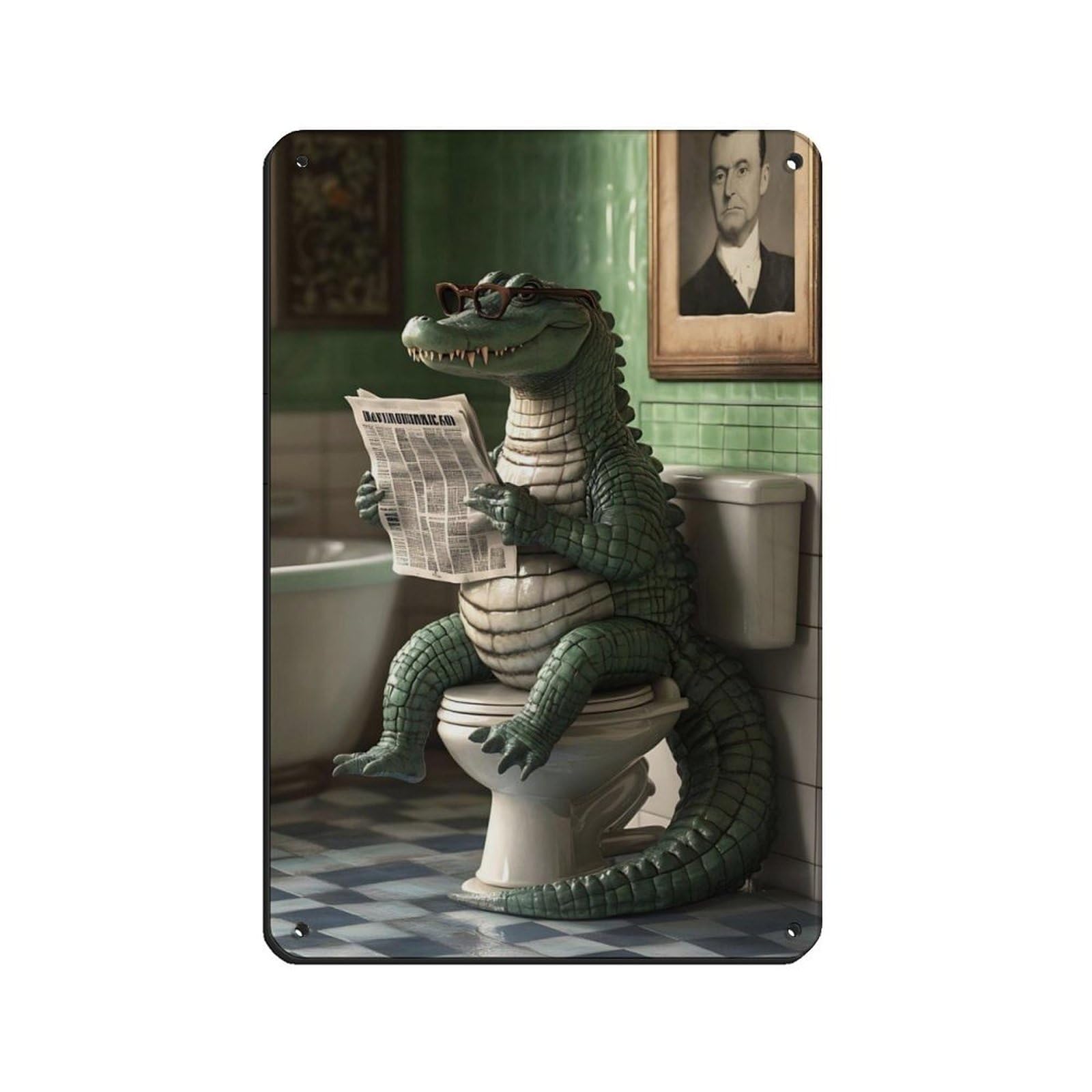 Alligator Reading Newspaper Tin Sign Vintage Metal Pub Club Cafe Bar Home Wall Art Decoration Poster Retro 8x12inch(20x30cm)