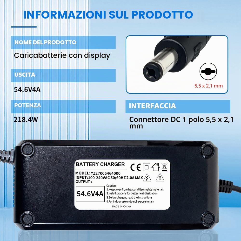 Caricatore per batteria al litio da 48V per E-Bike scooter elettrico DC1 foro 5,5 * 2,1mm connettore, alimentatore 54,6V 4a con ventola integrata, con indicatore della tensione di
