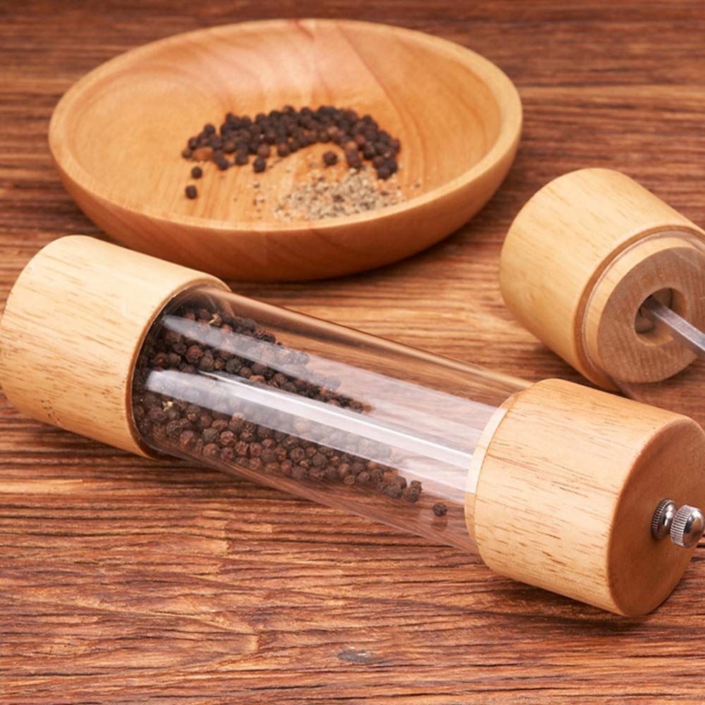 Set macina sale e pepe, saliera e pepiera in legno con finestra visibile in acrilico, nucleo di macinazione in ceramica, confezione da 2 spezie