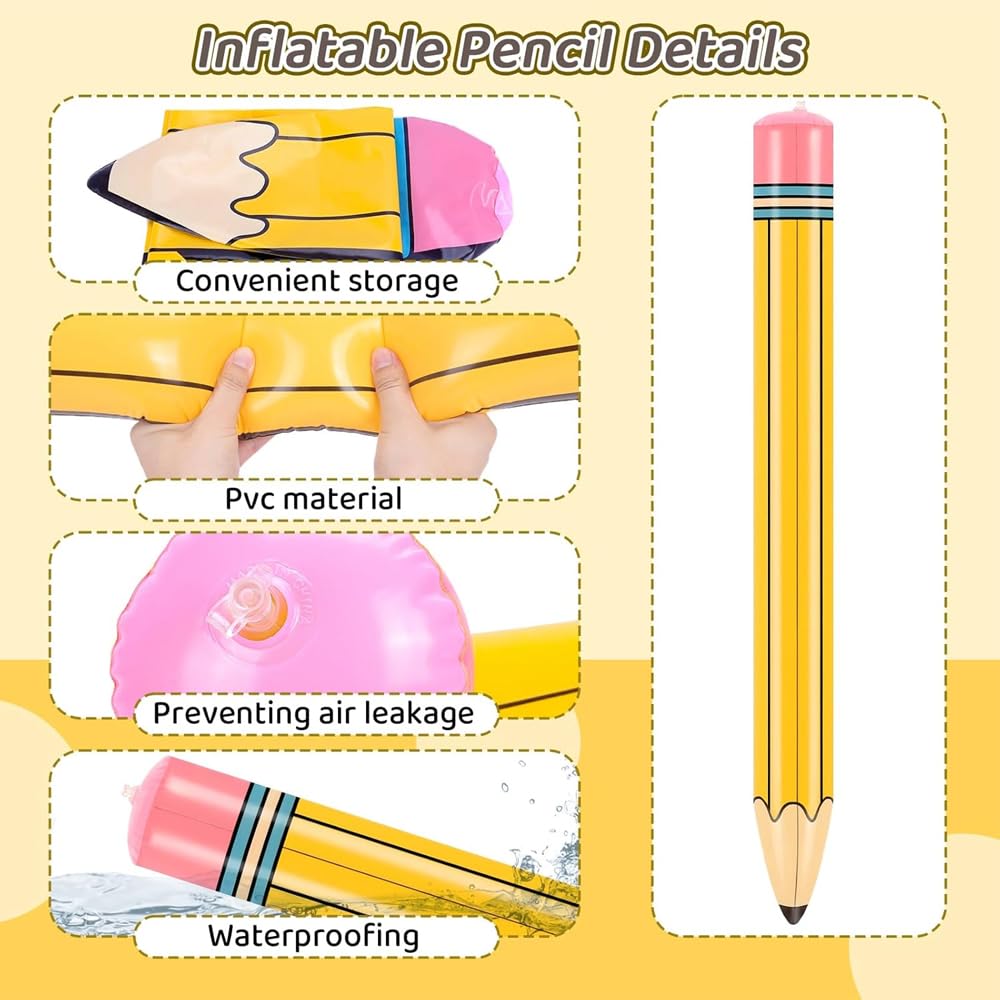 Lápiz Inflable Gigante,2 Piezas Decoración de Regreso a Clases Ideal para Niños y Estudiantes Hecho de PVC Amarillo de 110 cm