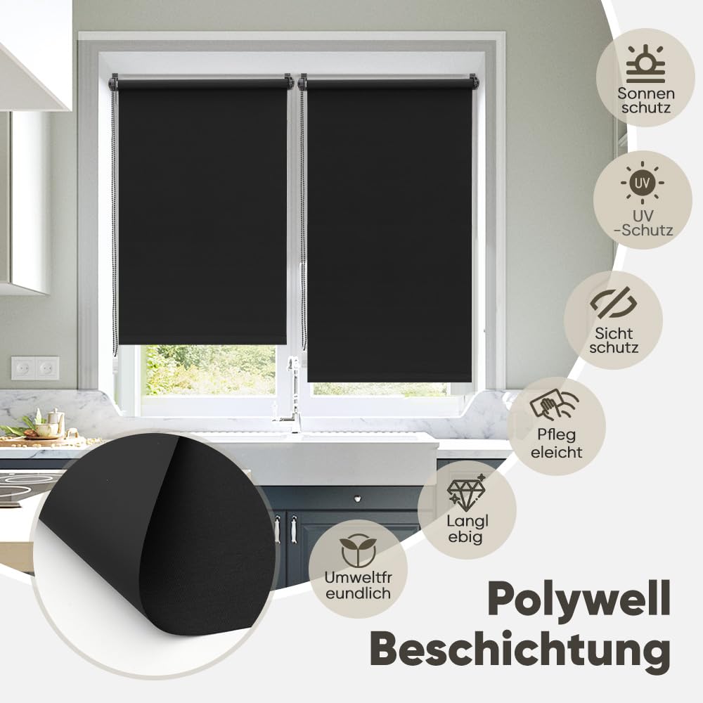 Sekey Verdunklungsrollo ohne Bohren Klemmfix 130 cm breit, Seitenzugrollo Hitzeschutz Sichtschutz und Sonnenschutz Wandmontage Deckenmontage Klemmrollo für Fenster & Tür, 130 x 150cm, Schwarz