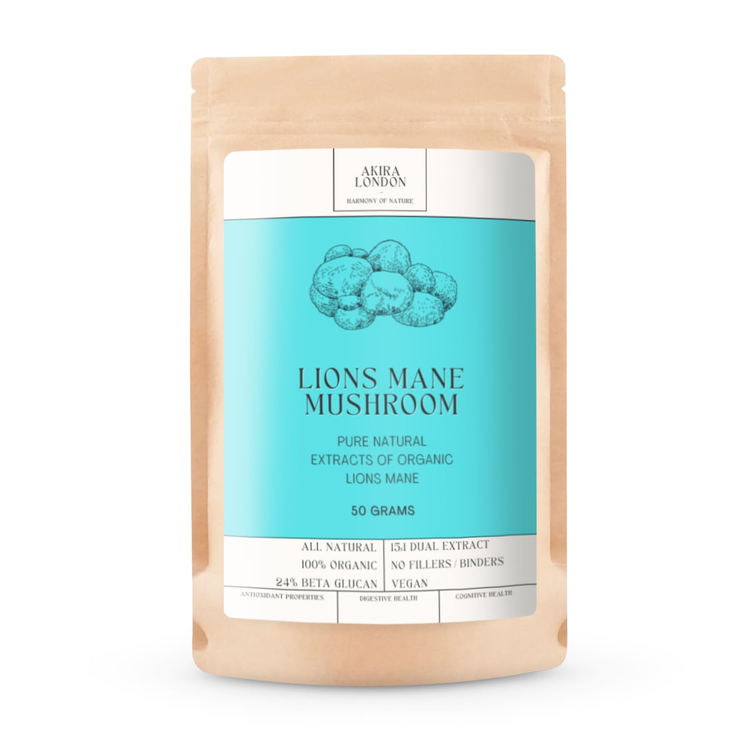 Potent Organic Lion's Mane Mushroom Powder 50 (Servings) 15:1 Dual Extract - High Strength Supplement - 20% Beta Glucans & 35% Polysaccharides - Enhances Memory - Cognitive Function & Nerve Health