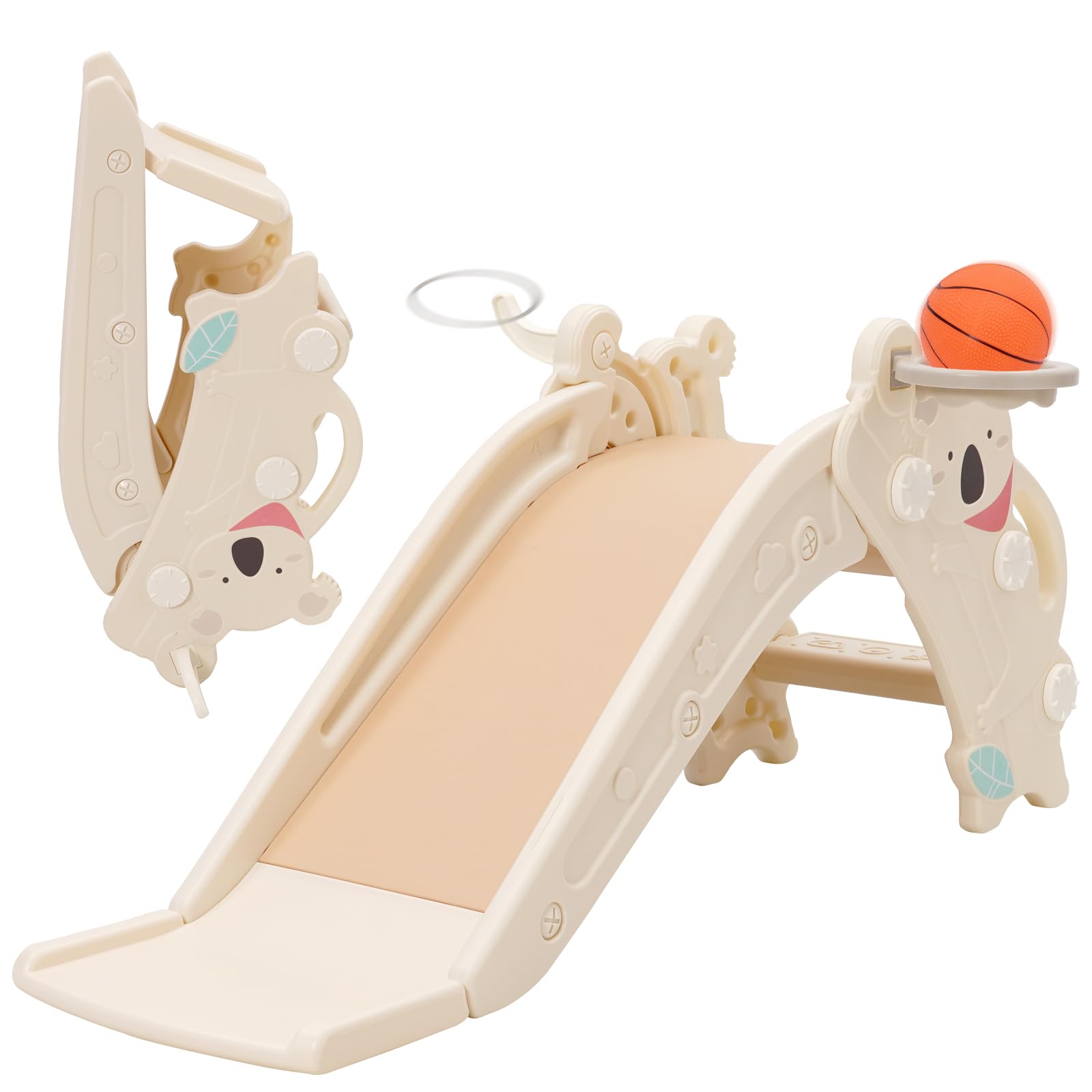 Tobogán infantil 4-en-1 con canasta y anillas. Estructura plegable, antideslizante, ideal 2-4 años