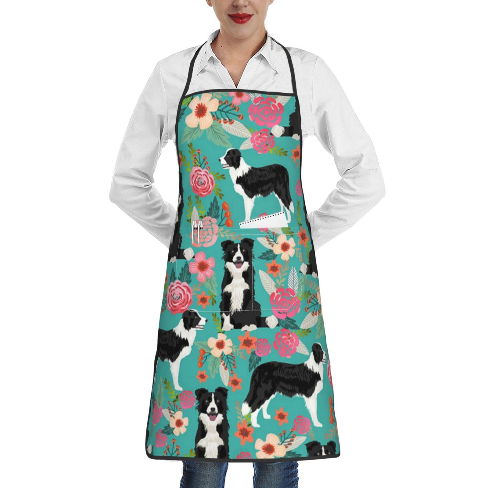 Aseelo Border Collie Florals Aprons, Unisex Cooking Apron Bib Apron With Pockets For Home Kitchen Restaurant Bbq Baking
