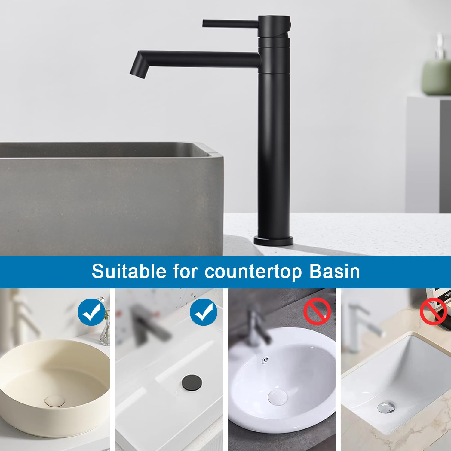 Waschtischarmatur Hoch, Wasserhahn Bad Waschtisch Armatur mit Auslauf Höhe 204 mm Aufsatzbecken Wasserhahn 360° Schwenkbar Einhebelmischer Matt Schwarz