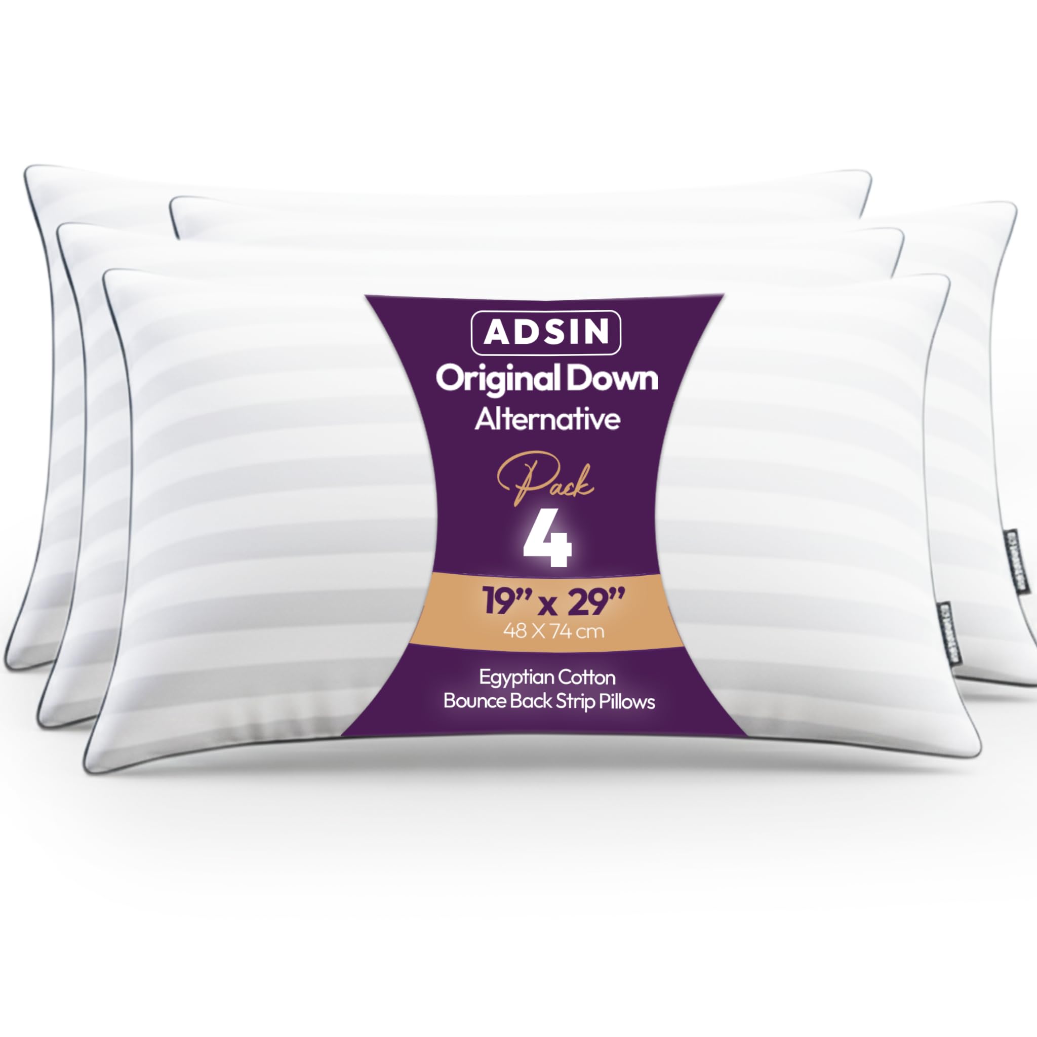 adsin Exrta Filled 4 Pack Egyptian Cotton Bounce Back Strip Pillows Hollow-fibre Dust Resisted Filled, Ultimate Luxury Sleep, Premium Hypoallgernic (Egyptian Cotton Stripe, Pack of 4)
