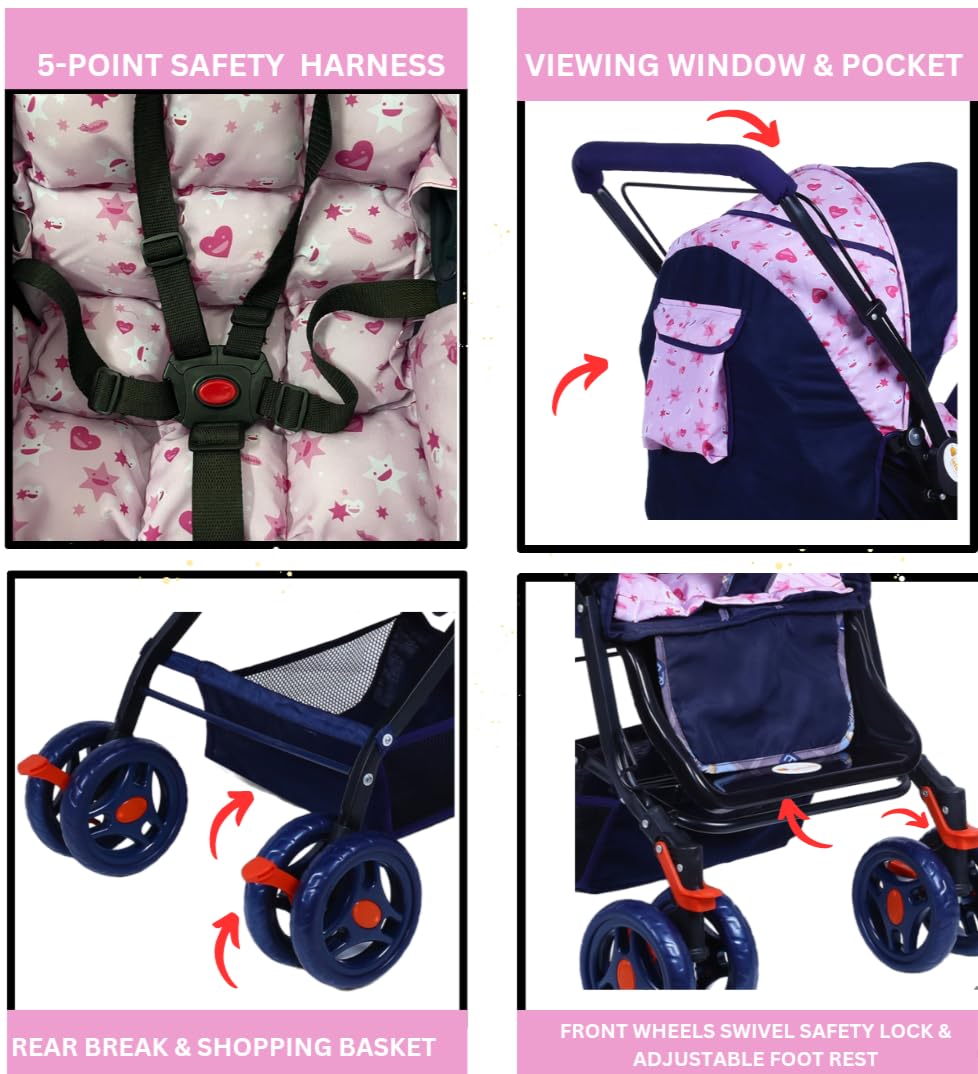 INFANTO Baby Stroller / Pram for 0 to 3 Years, Newborn/Toddler/Kid | 5 Point Safety Harness | Reversible Handlebar | Lockable Swivel Wheels with Suspension | Rear and Front Brakes | Large Storage Basket | 360° Swivel Wheels-IN04 (PINK) - Image 3 thumbnail