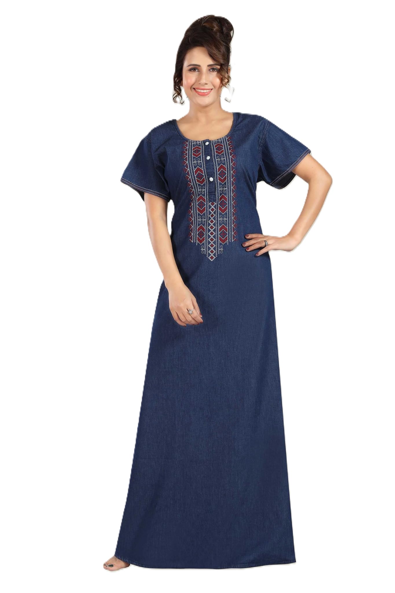 rikasa Nighty for Women | Denim Nighty for Women | Maxi Dress for Women 100% Cotton Soft Denim | Embroidered Neckline | Side Pockets | Short Sleeve-picture-35