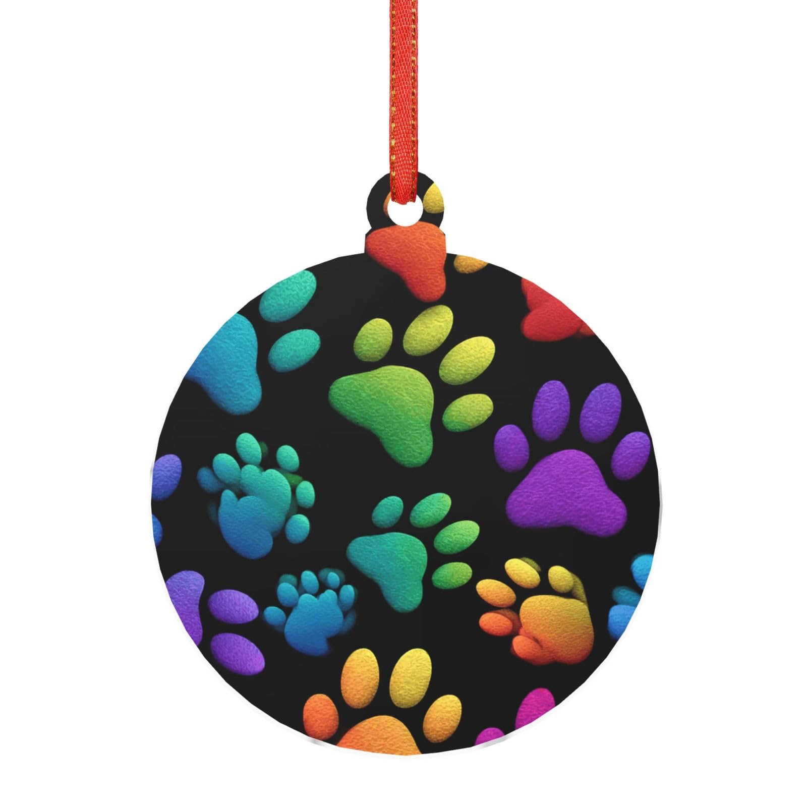 Acrylic Ornament Christmas Tree Decoration Clear Round Pendant with Red Ribbon Colorful Paw Print Christmas Ornaments Indoor Outdoor Hanging Acrylic Pendants for Xmas Party Decor