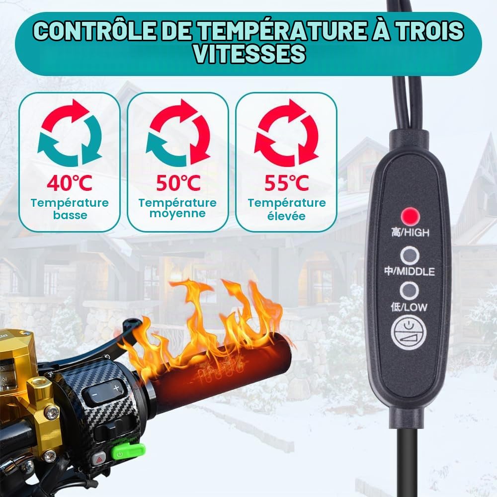 Poignée Chauffante Moto, HOVCEH 1 Paire Universelle USB Poignee Chauffante Moto, 5V Température à Trois Niveaux Poignee Chauffage pour Motos, VTT, Velo, Scooter