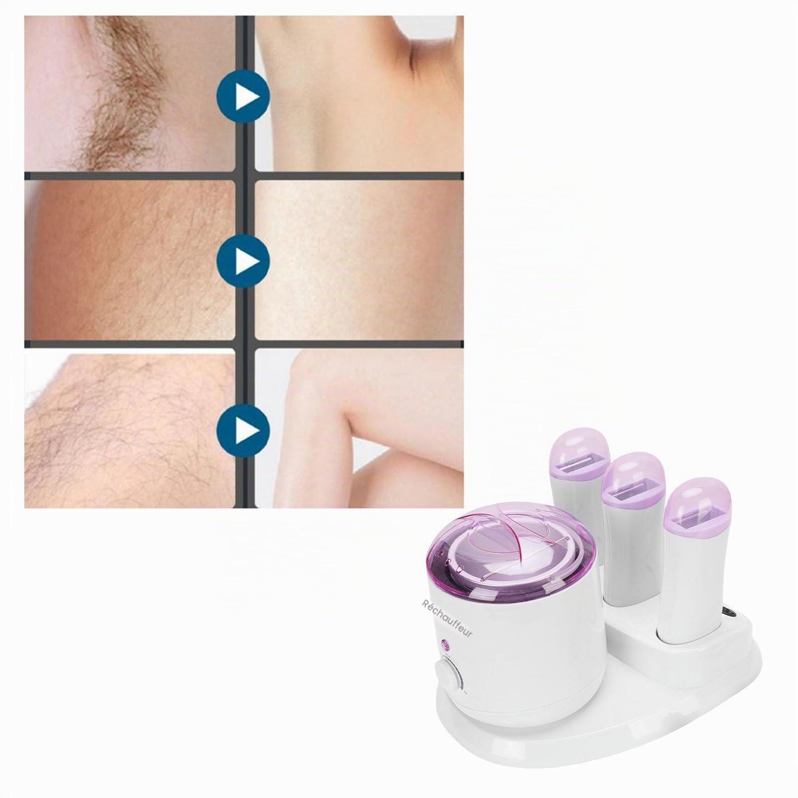 Chauffe-cire 4 en 1 – Chauffe-cire roll-on 220 W, conception anti-brûlure avec 3 cartouches, idéal pour un usage domestique – Couvercle transparent pour une surveillance facile