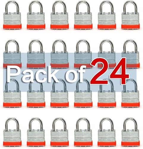 Miniatura 8 de LanuBe Candado laminado con llave (1-916 pulgadas, 1.575 in), cerraduras iguales con llave, grillete normal, aro de plástico naranja marcado,