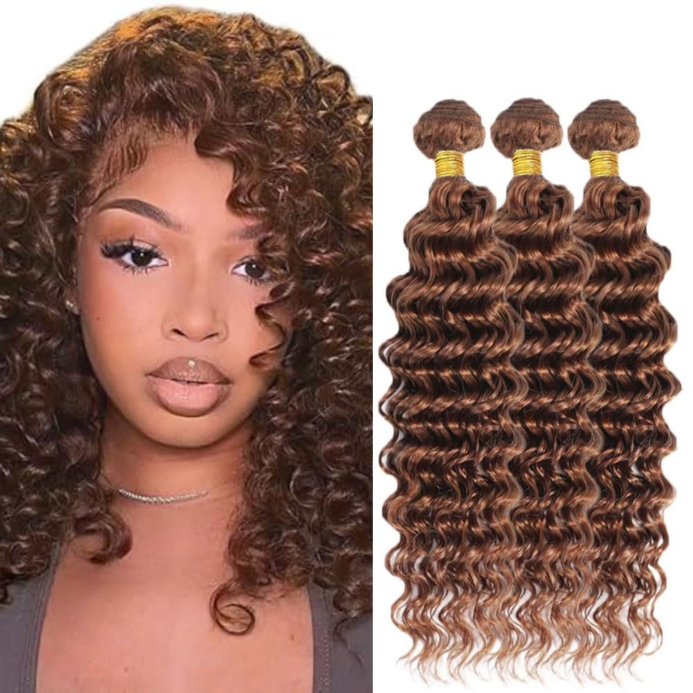 Photo 1 of #30 Brown Bundles Light Brown Deep Wave Bundle 26 26 26 Inch Brown Human Hair 3 Bundles Brazilian Virgin #30 Light Brown Human Hair Extensions 100g/pc