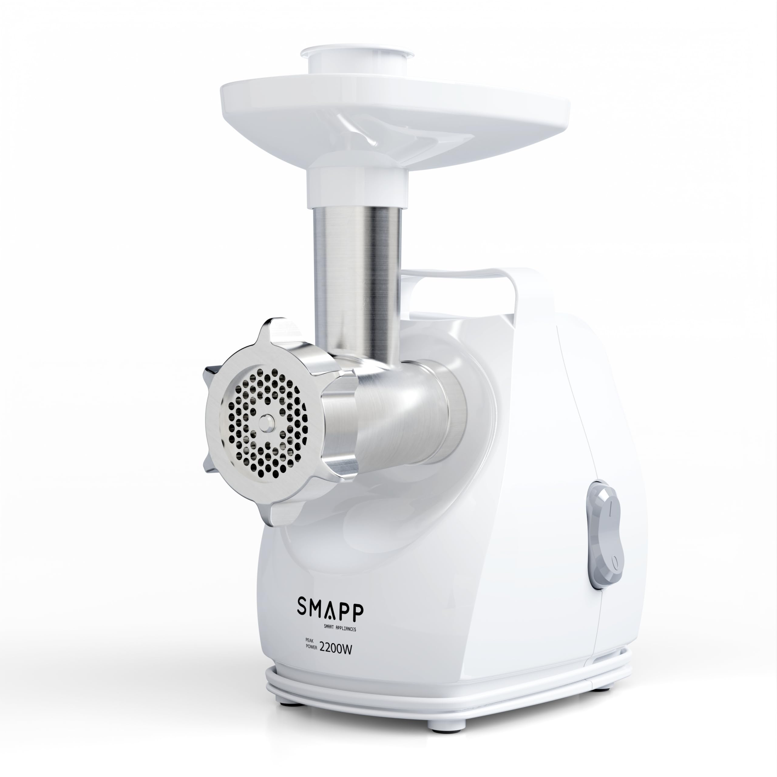 SMAPP Elektryczna maszynka do mięsa 490.8 – moc 2200 W, 3 tarcze perforowane ze stali nierdzewnej (2,7 mm, 4 mm, 8 mm), nasadka do kiełbasy, cicha i kompaktowa, antypoślizgowe nóżki