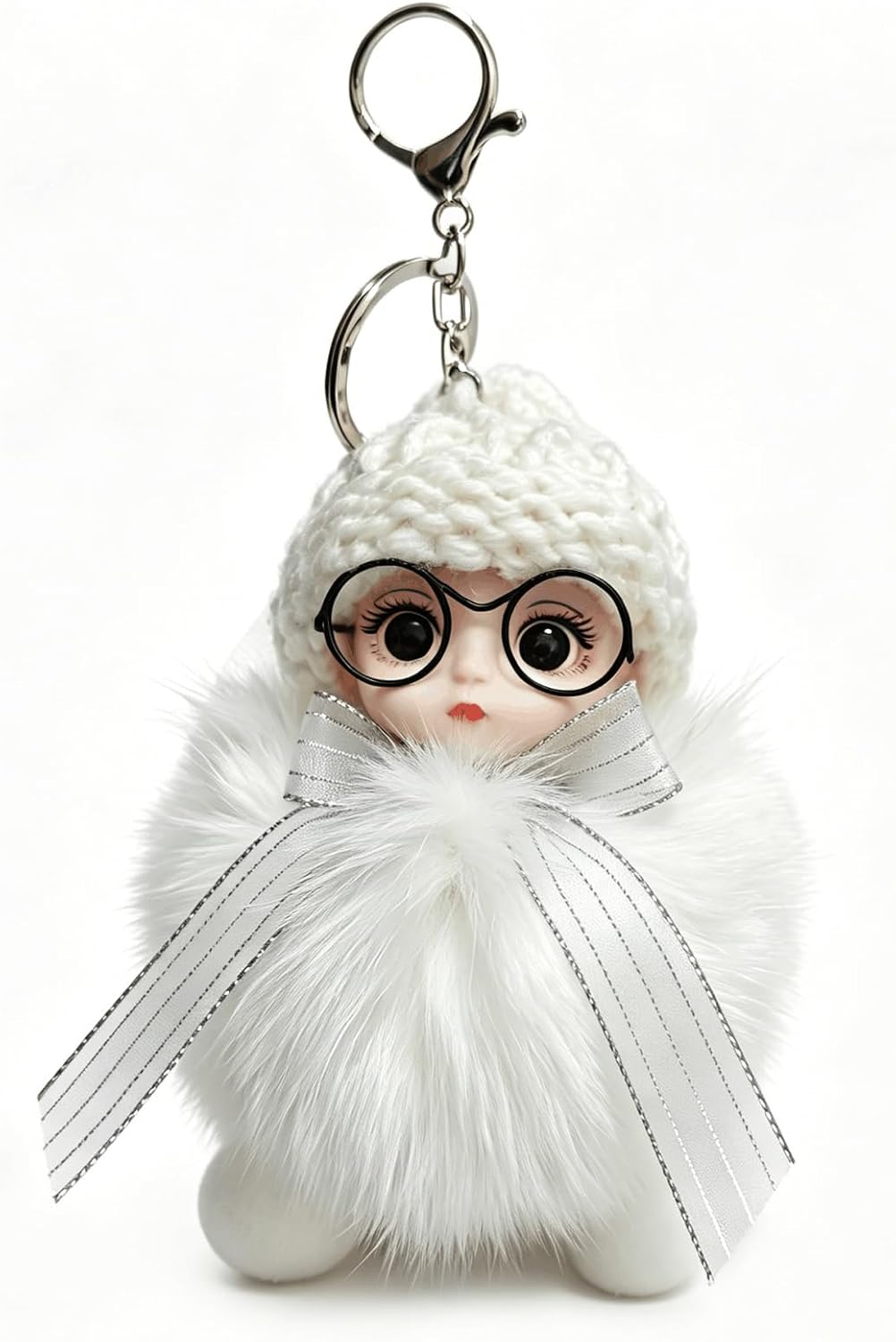 Genuine Fox Fur Big Eyes Doll Keychain, Cute Plush Stuffed Toy Pendant for Car Key & Backpack, Creative Bag Charm
