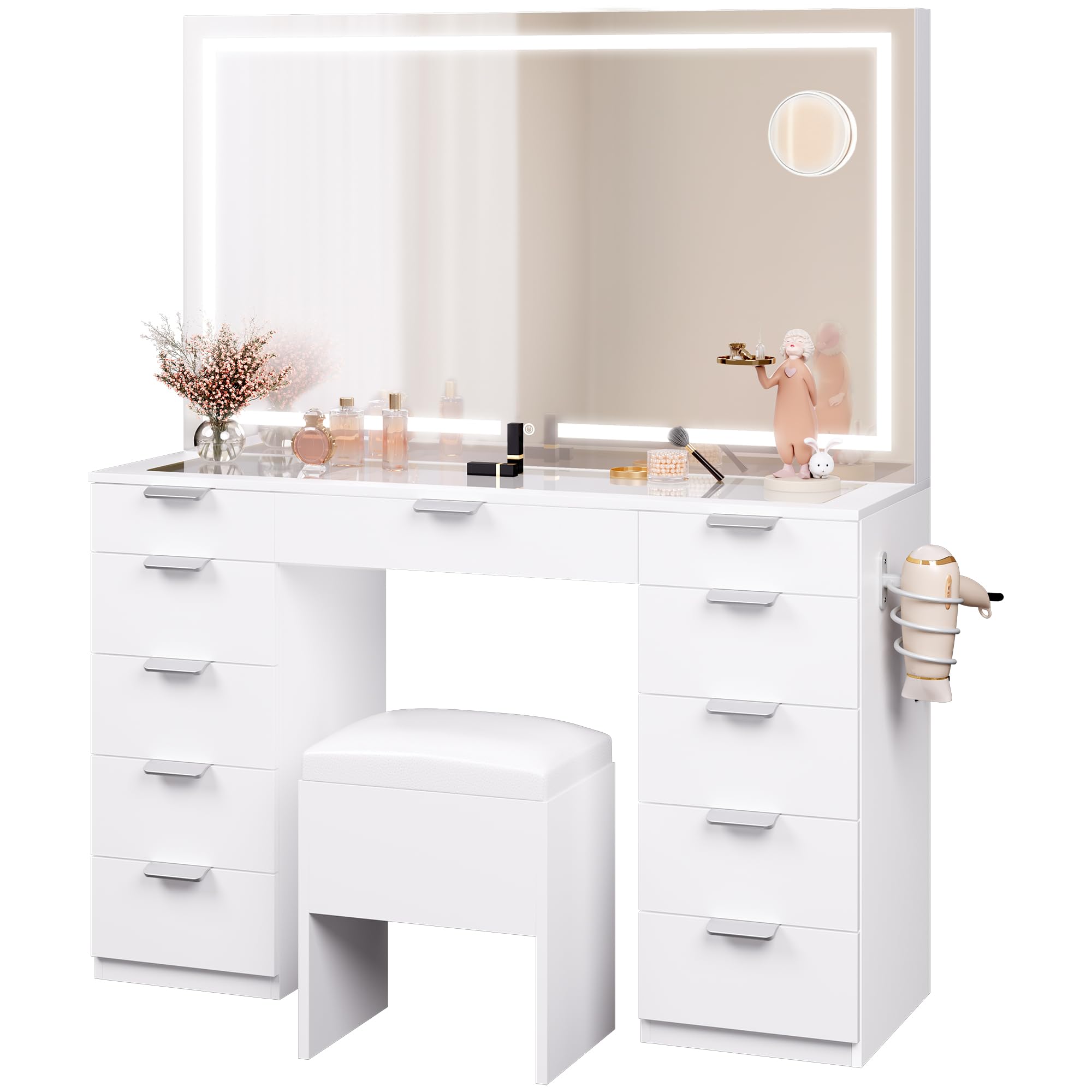 YITAHOME Tocador con iluminación LED, 3 Colores con Brillo Ajustable, tocador con Espejo para Maquillaje, Mesa cosmética con Enchufe, 11 cajones, Color Blanco Moderno