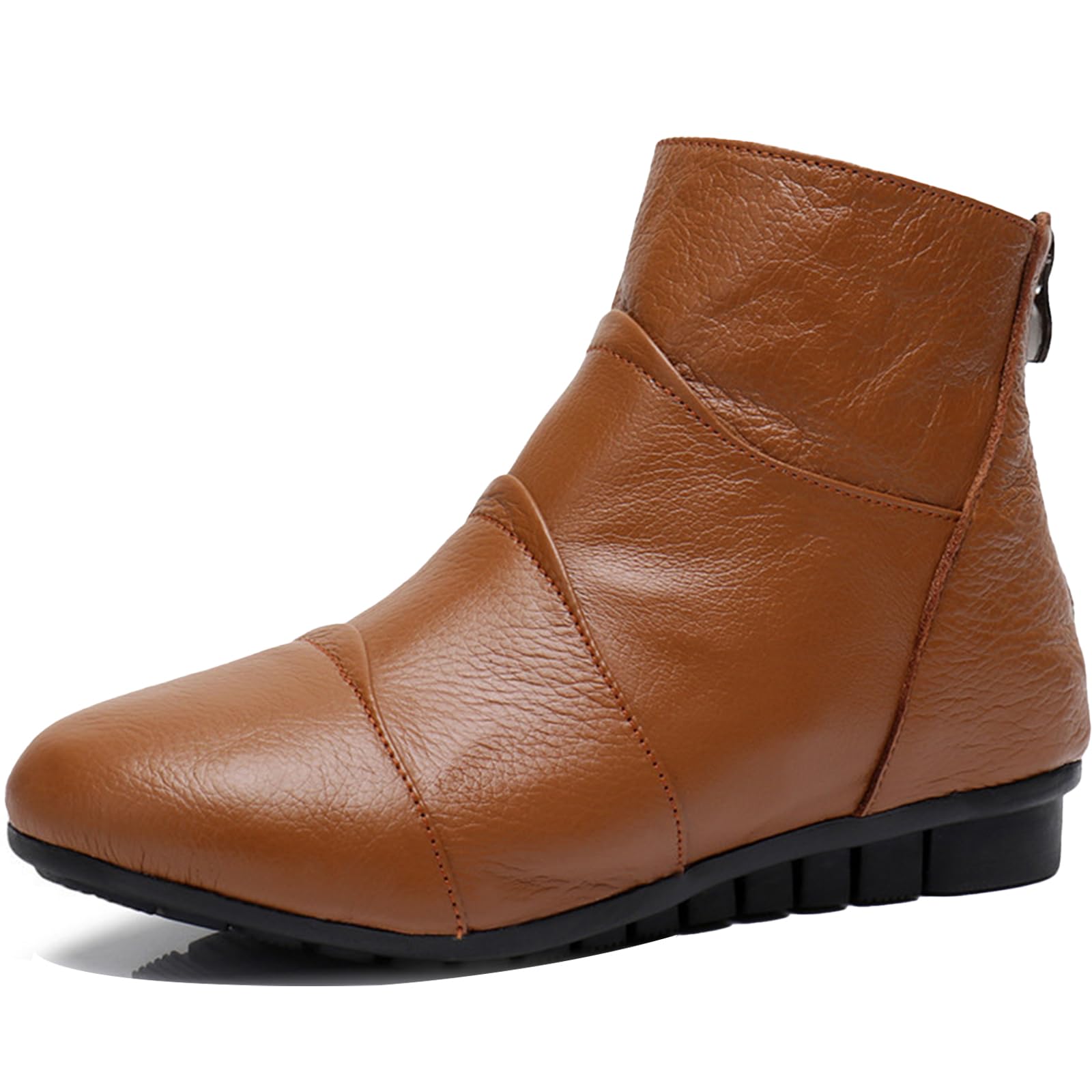 Womens Leather Round Toe Flat Ankle Boots With Back Zipper Retro Comfortable Warm Fur Lined Low Heel Pull