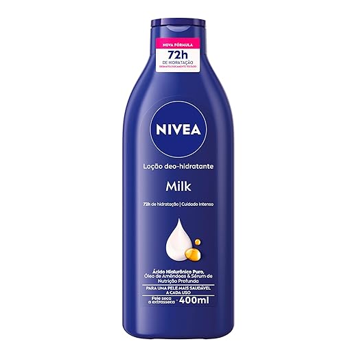 NIVEA Loção Deo-Hidratante Milk 400ml, Hidratação Profunda 72h, Hialurônico Puro, Corporal, Pele Seca e Extrasseca