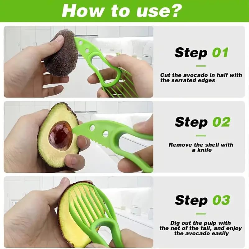 CHEFZOCO Cortador de Aguacates, Rebanador de Aguacate, Herramienta Multifuncional de Plástico y Acero Inoxidable, Verde