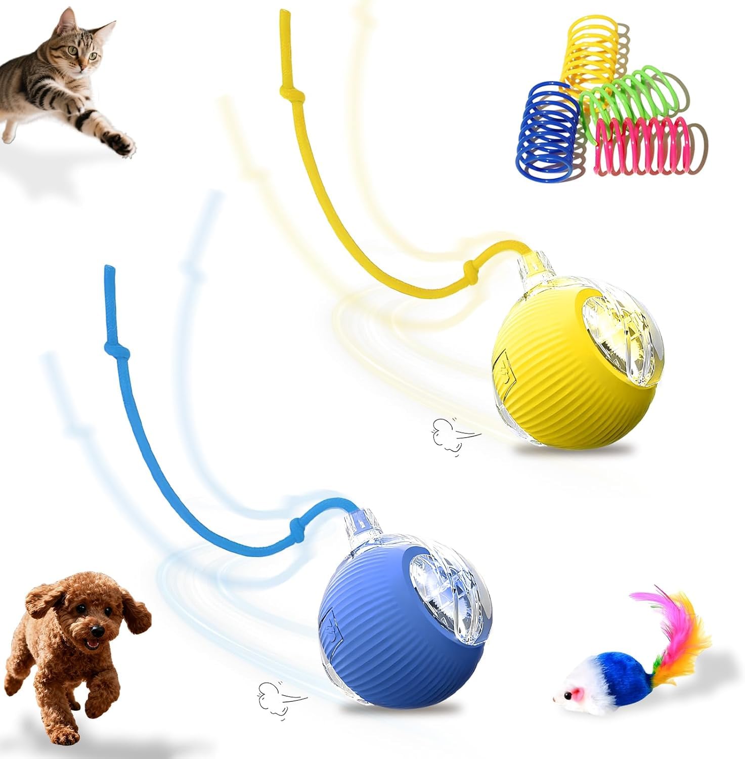 Paquete de 2 pelotas interactivas para gatos, rotación automática de 360°, evita obstáculos inteligentes, incluye 4 resortes en espiral para gatos y 1 ratón de juguete peludo, juguete ideal para gatos