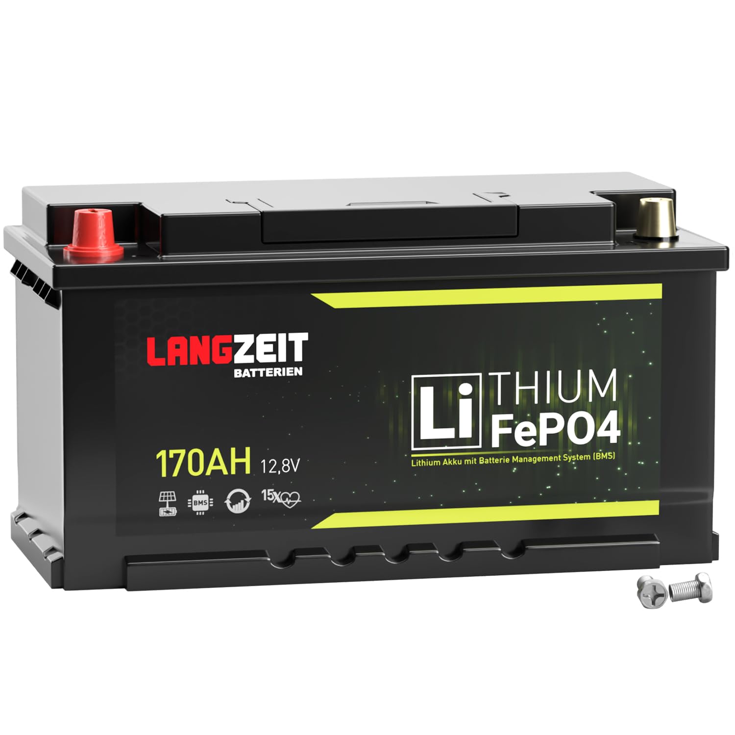 LANGZEIT LiFePO4 170Ah 12V Lithium Batterie DIN L5 H8 mit BMS Solarbatterie Wohnmobil Solar Bootsbatterie Akku ersetzt 100Ah 120Ah 150Ah