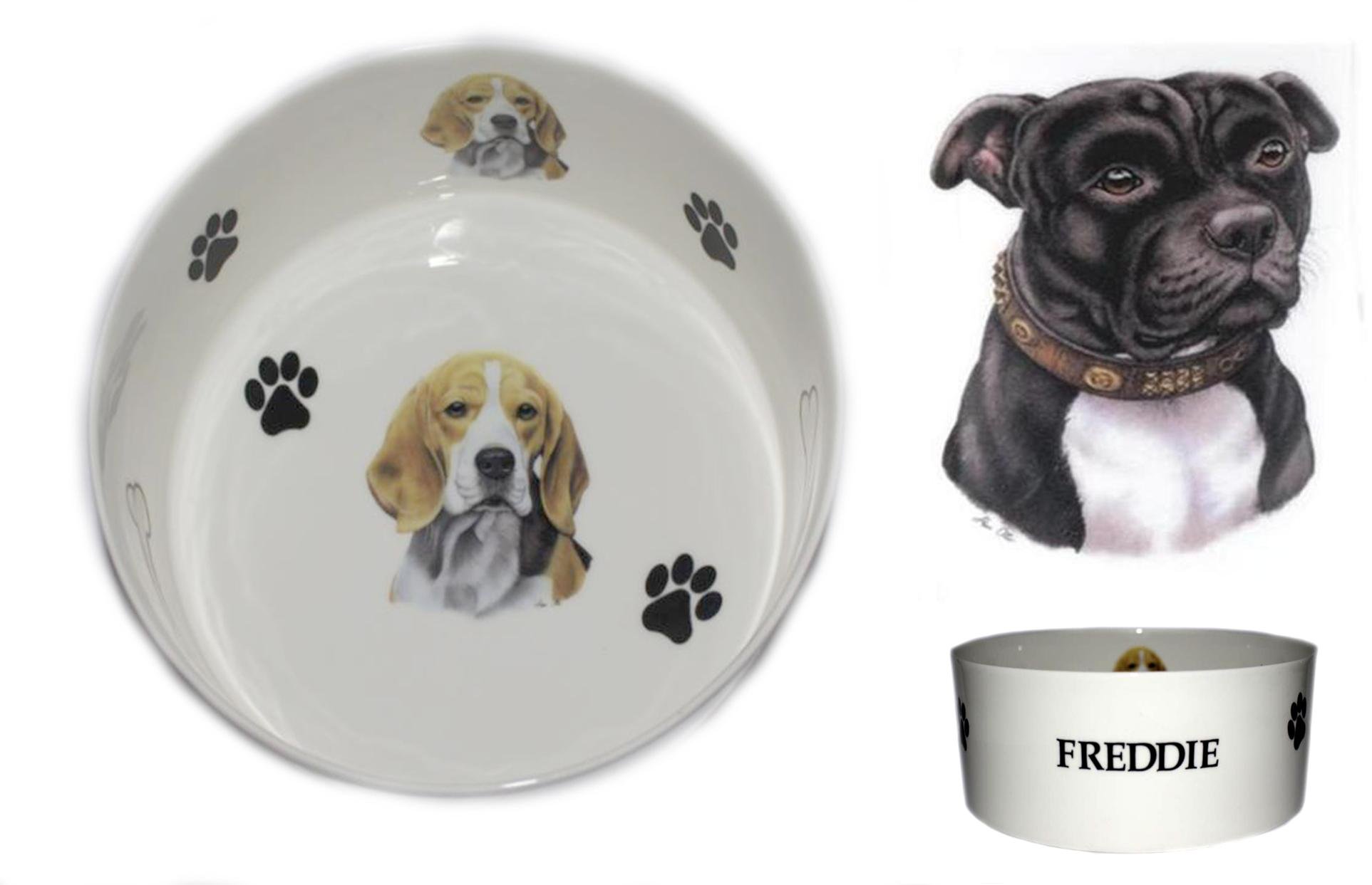 (BB55) Bone China Personalised Black & White Staffie, Black & White Staffordshire Bull Terrier dog food/water pet bowl decorated with PAWPRINTS AND BONES, Personalised with name of your choice- Many dog breeds available. Fun, colourful, new pet bowls.